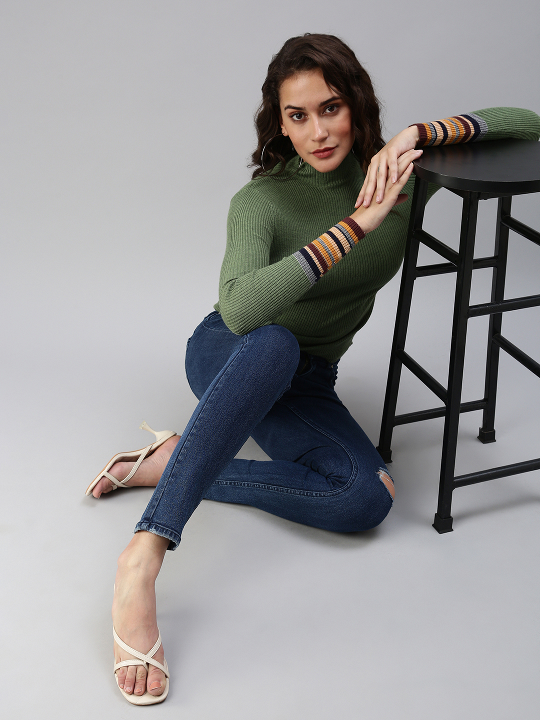 SHOWOFF Women Green Solid High Neck Full Sleeves Regular Fitted Top