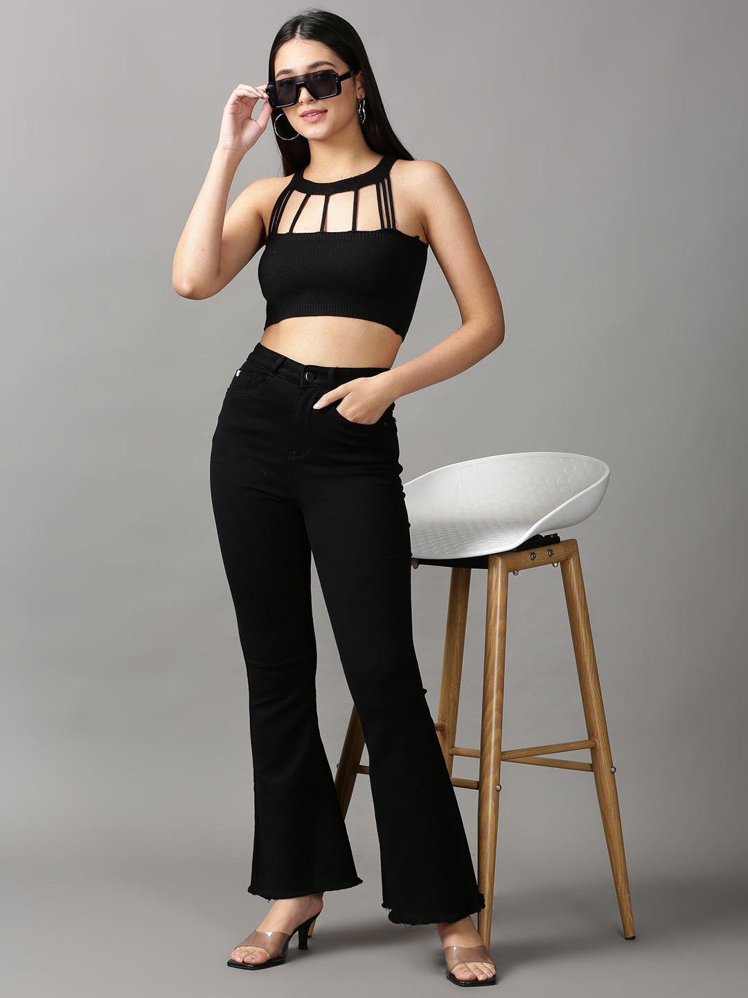 SHOWOFF Women's Choker Neck Tube Solid Black Crop Top