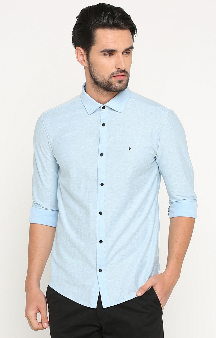 Showoff | SHOWOFF Men's Knitted Full Sleeve Slim Fit Solid Blue Casual Shirt 0