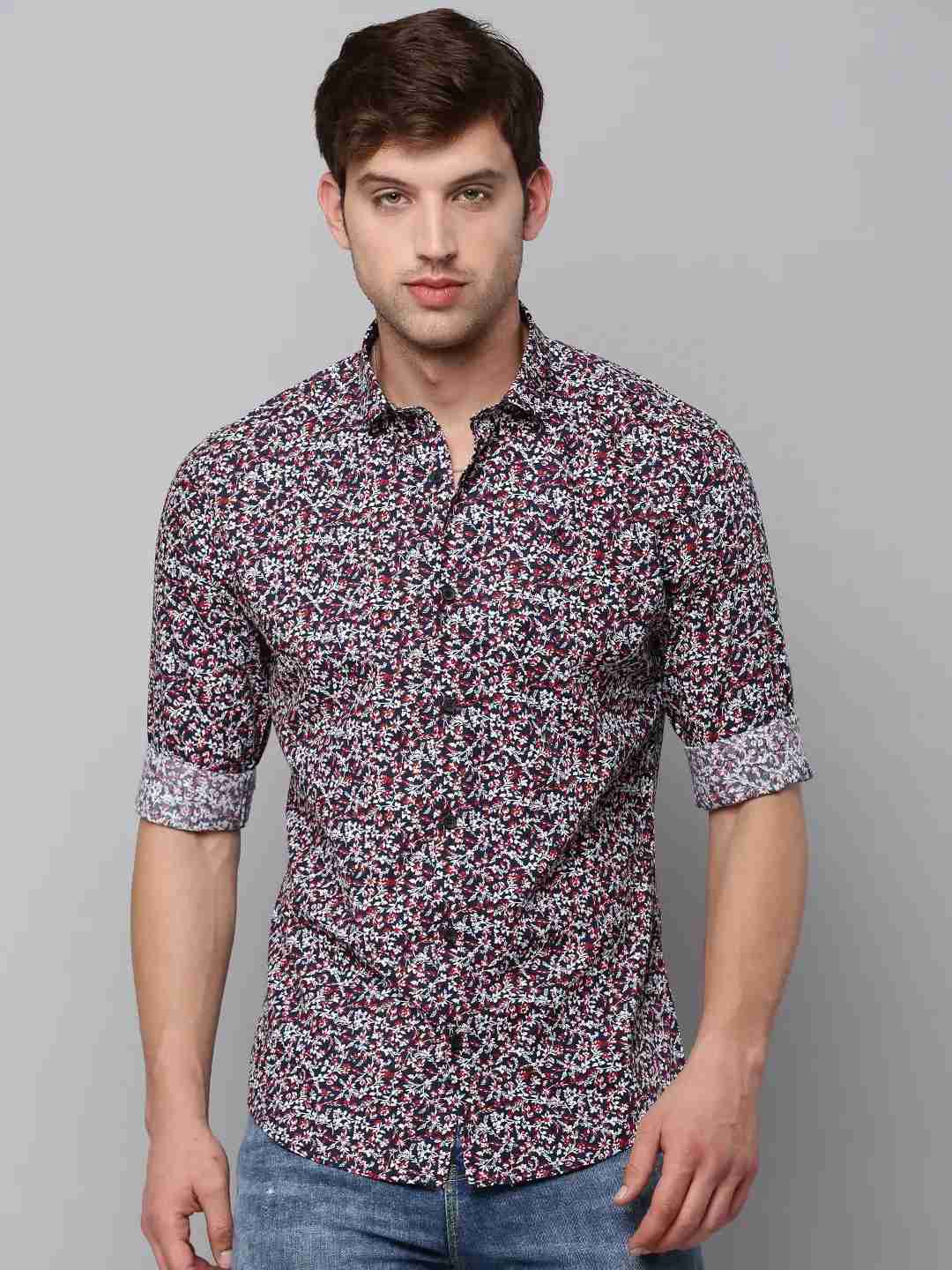 SHOWOFF Men Navy Blue Printed Spread Collar Full Sleeves Casual Shirt