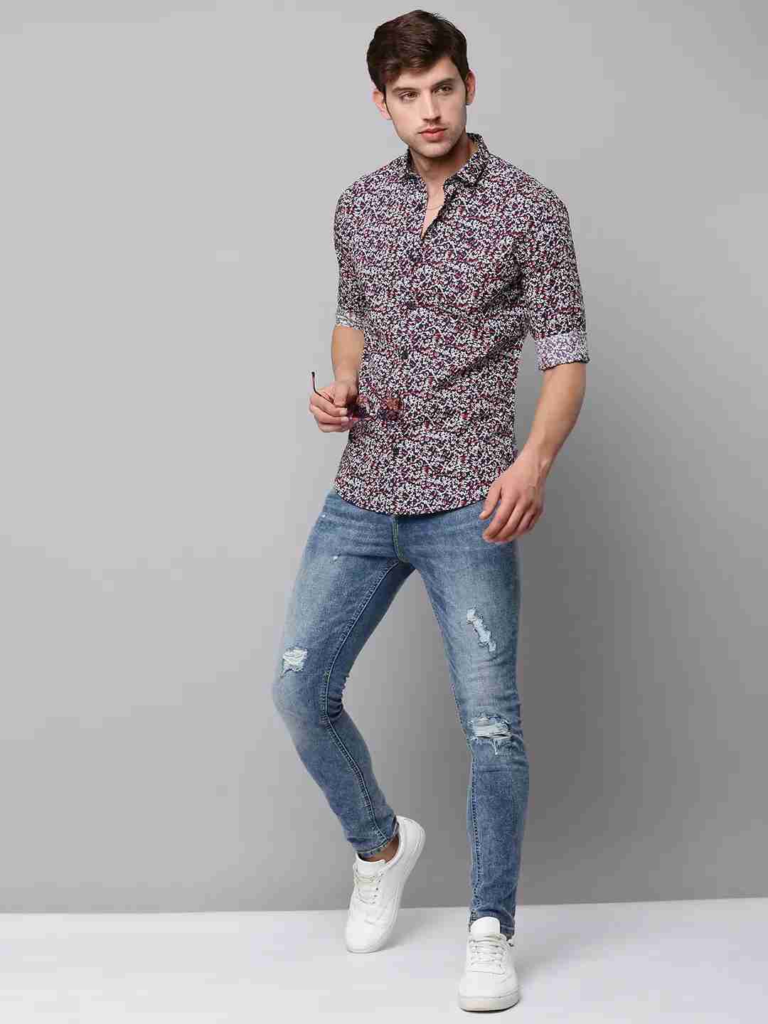 SHOWOFF Men Navy Blue Printed Spread Collar Full Sleeves Casual Shirt