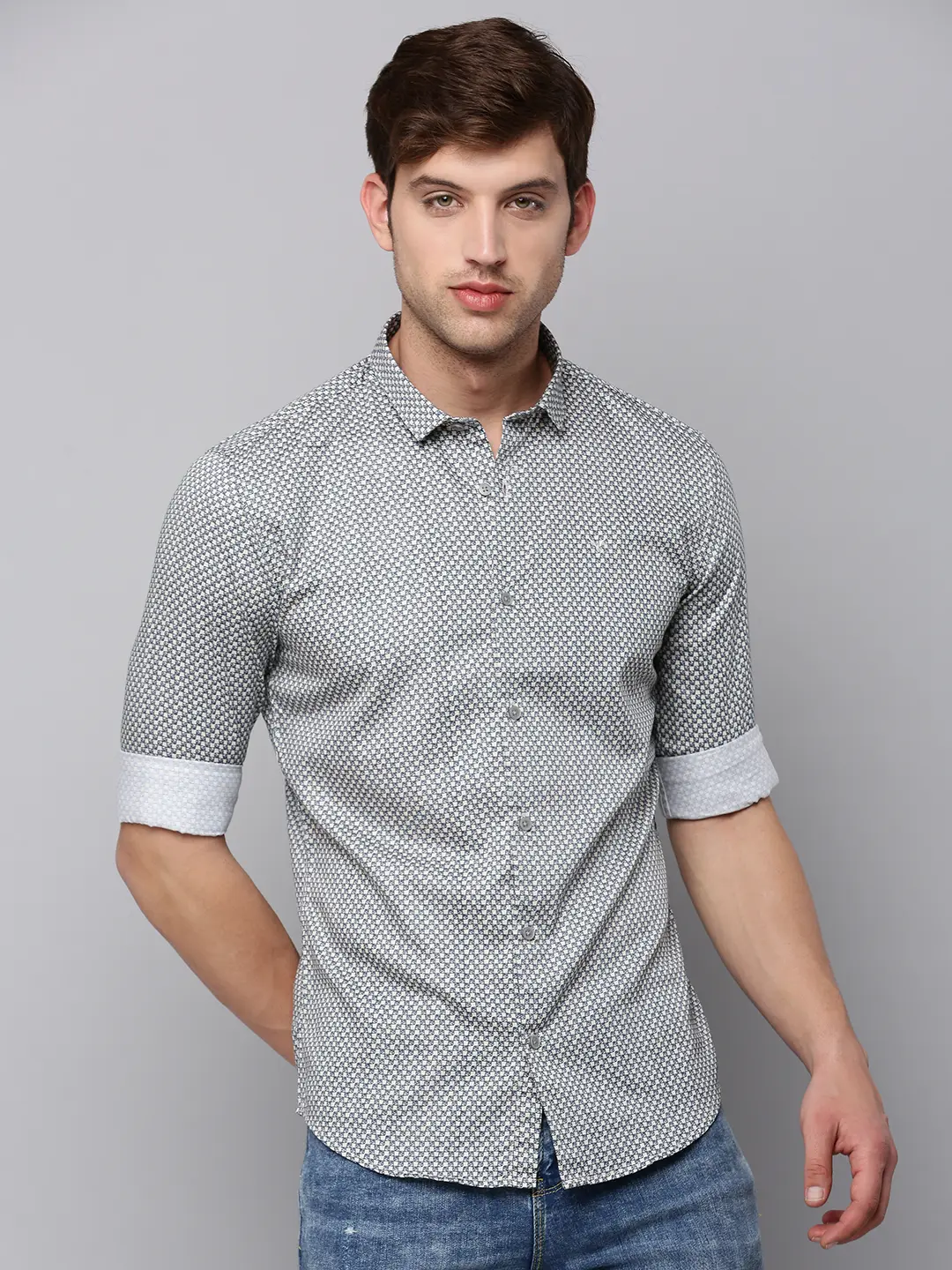 SHOWOFF Men Cream Printed Spread Collar Full Sleeves Casual Shirt