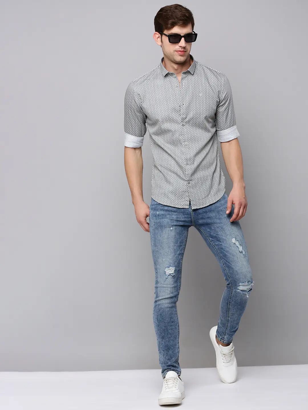 SHOWOFF Men Cream Printed Spread Collar Full Sleeves Casual Shirt