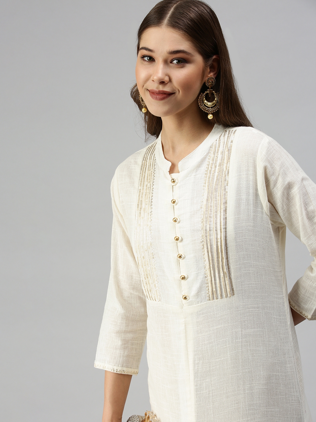 SHOWOFF Women Off White Solid Mandarin Collar Three-Quarter Sleeves Mid  Length Straight Kurta