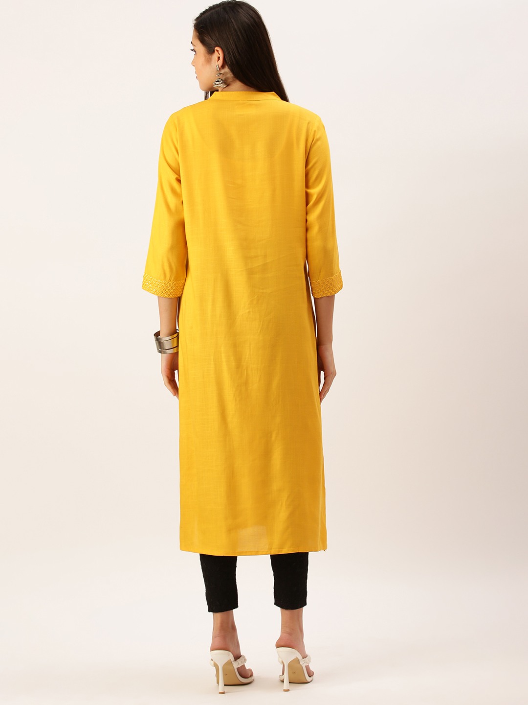 SHOWOFF Women's Mid Length Mustard Solid Kurta