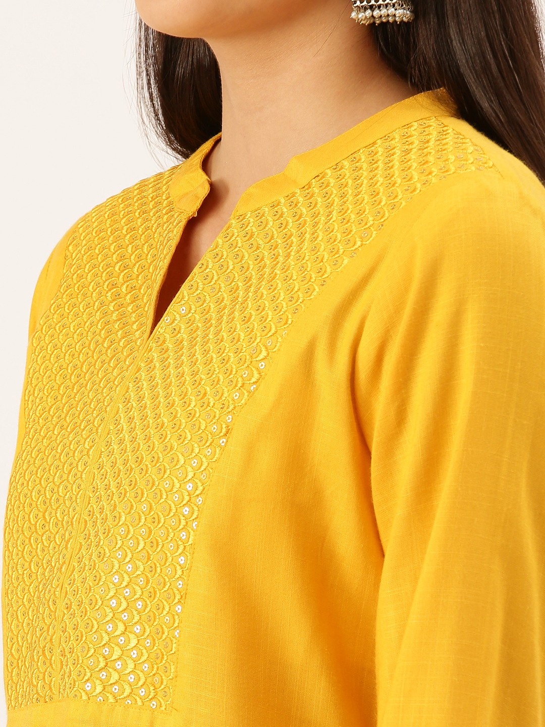 SHOWOFF Women's Mid Length Mustard Solid Kurta