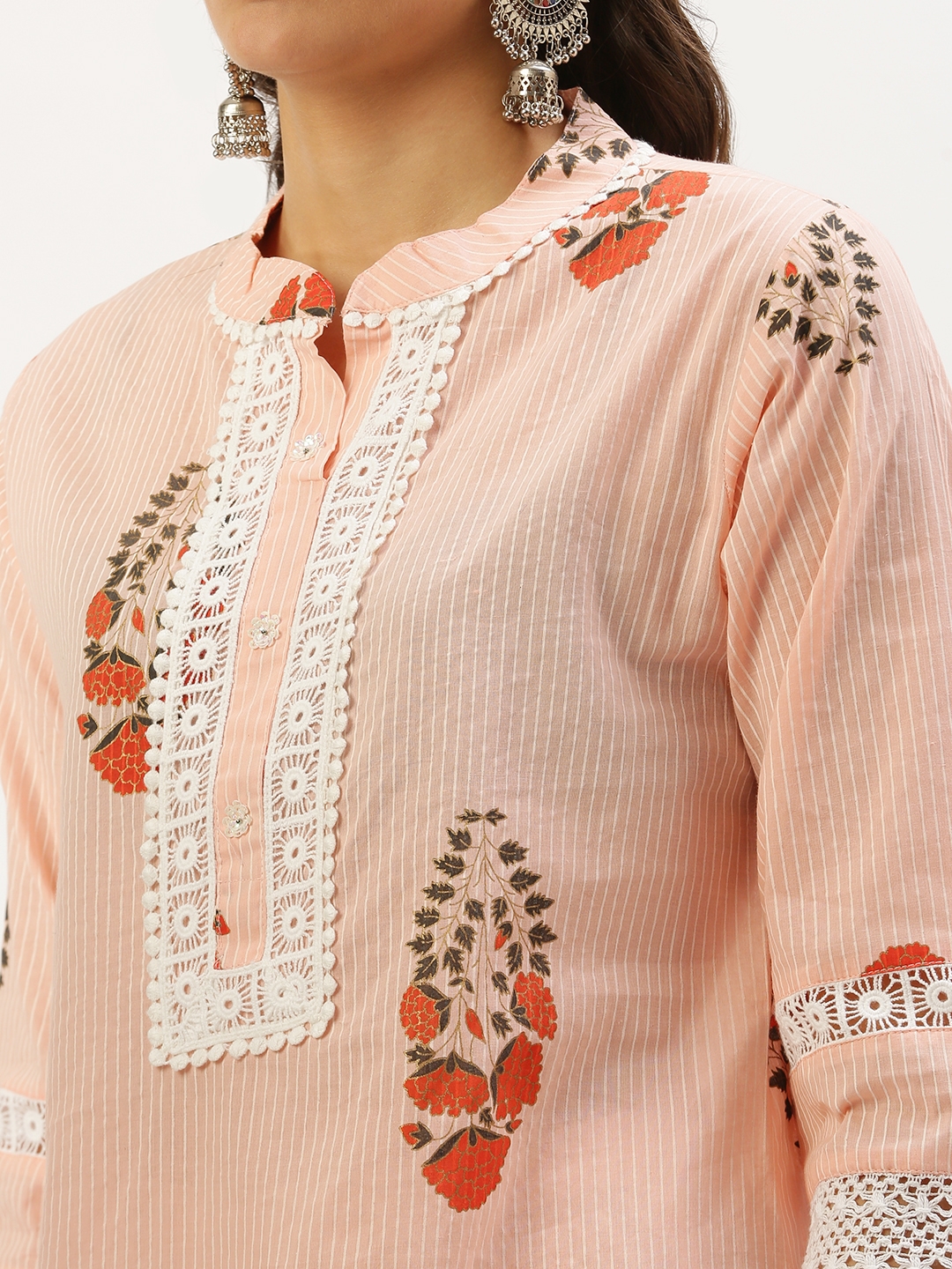 Showoff | SHOWOFF Women Peach Printed Mandarin Collar Three-Quarter Sleeves Mid Length Straight Kurta Set 5