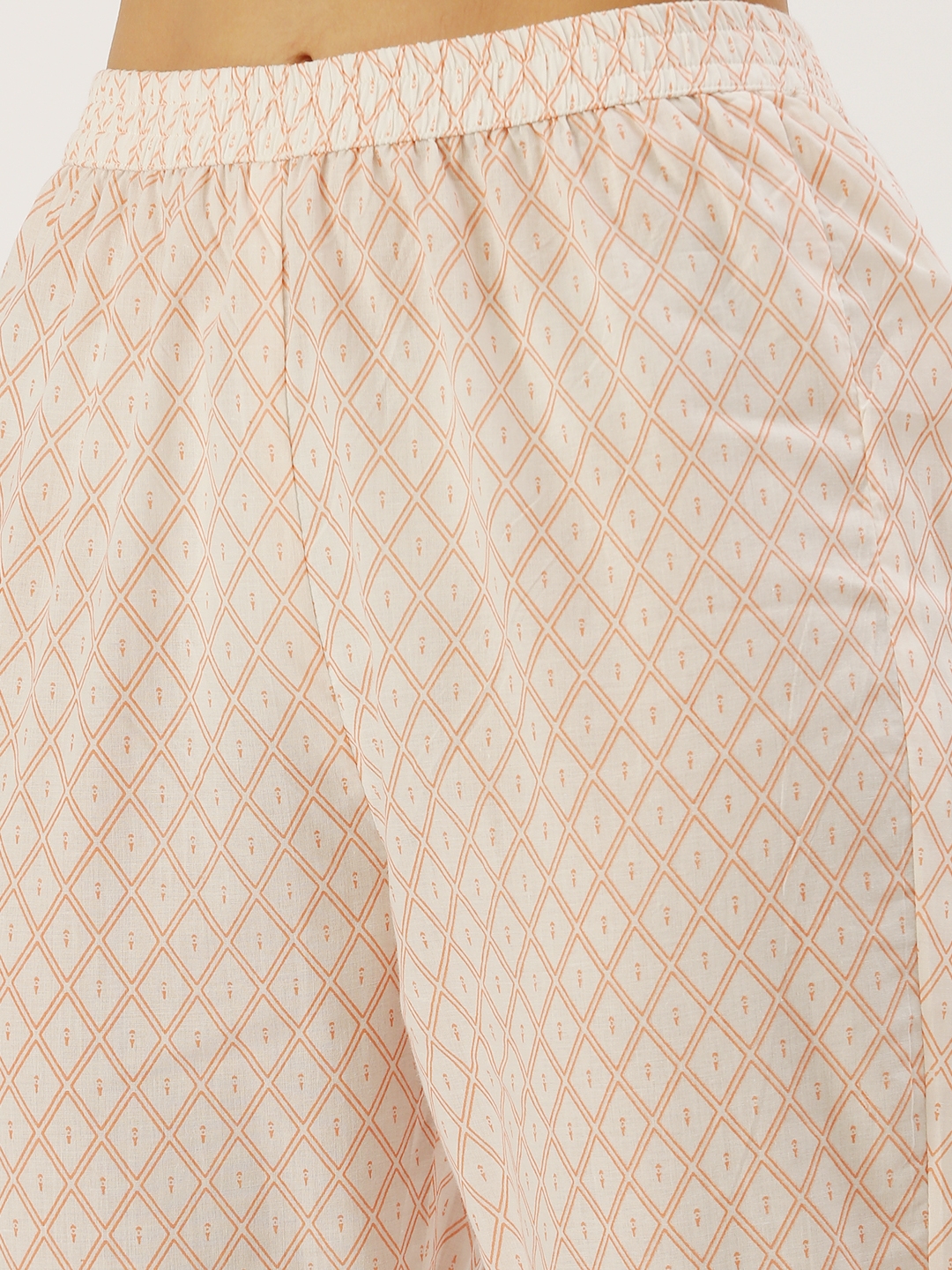 Showoff | SHOWOFF Women Peach Printed Mandarin Collar Three-Quarter Sleeves Mid Length Straight Kurta Set 6