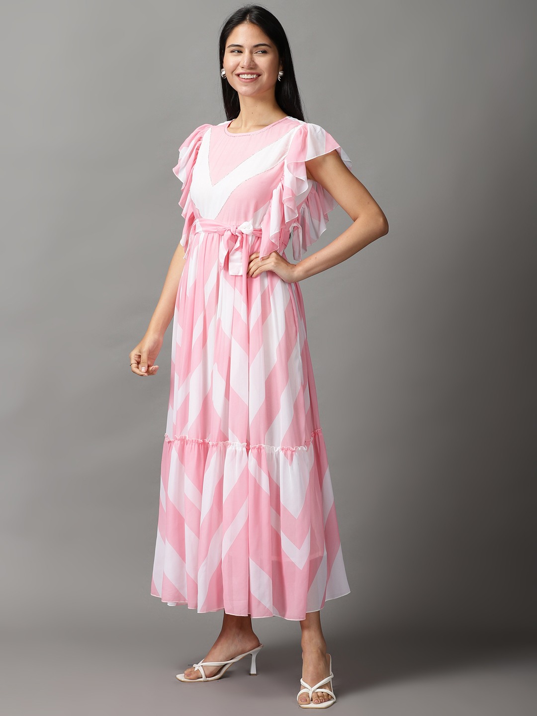 SHOWOFF Women Pink Chevron Round Neck Short Sleeves Maxi Gown Dress