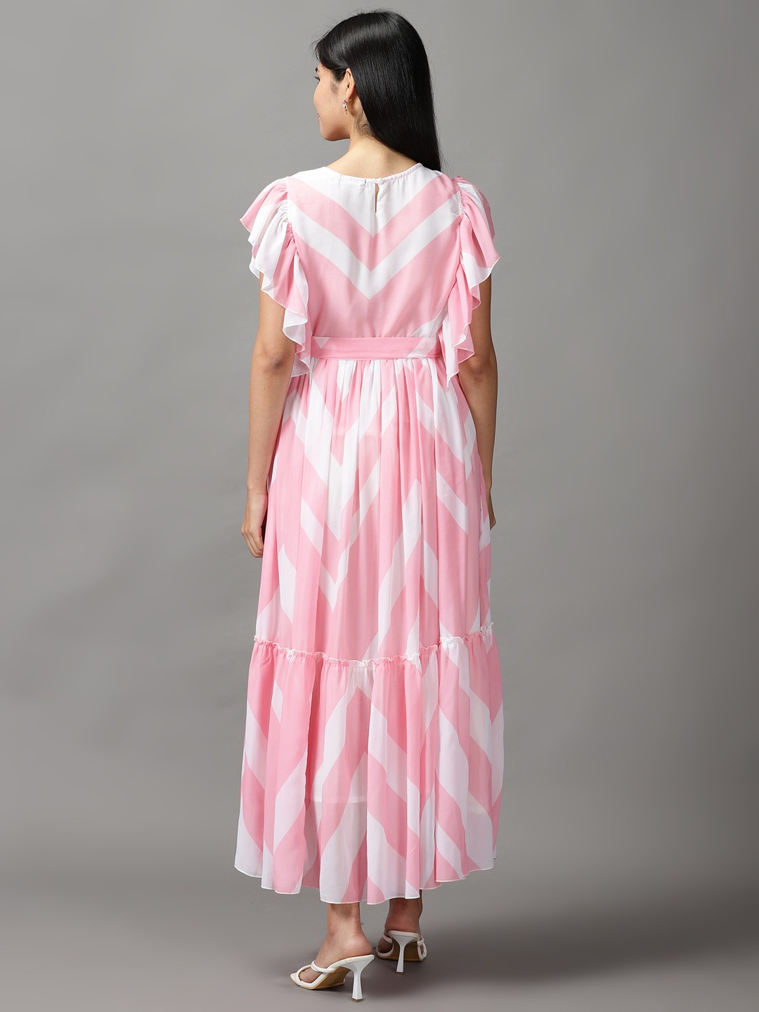 SHOWOFF Women Pink Chevron Round Neck Short Sleeves Maxi Gown Dress