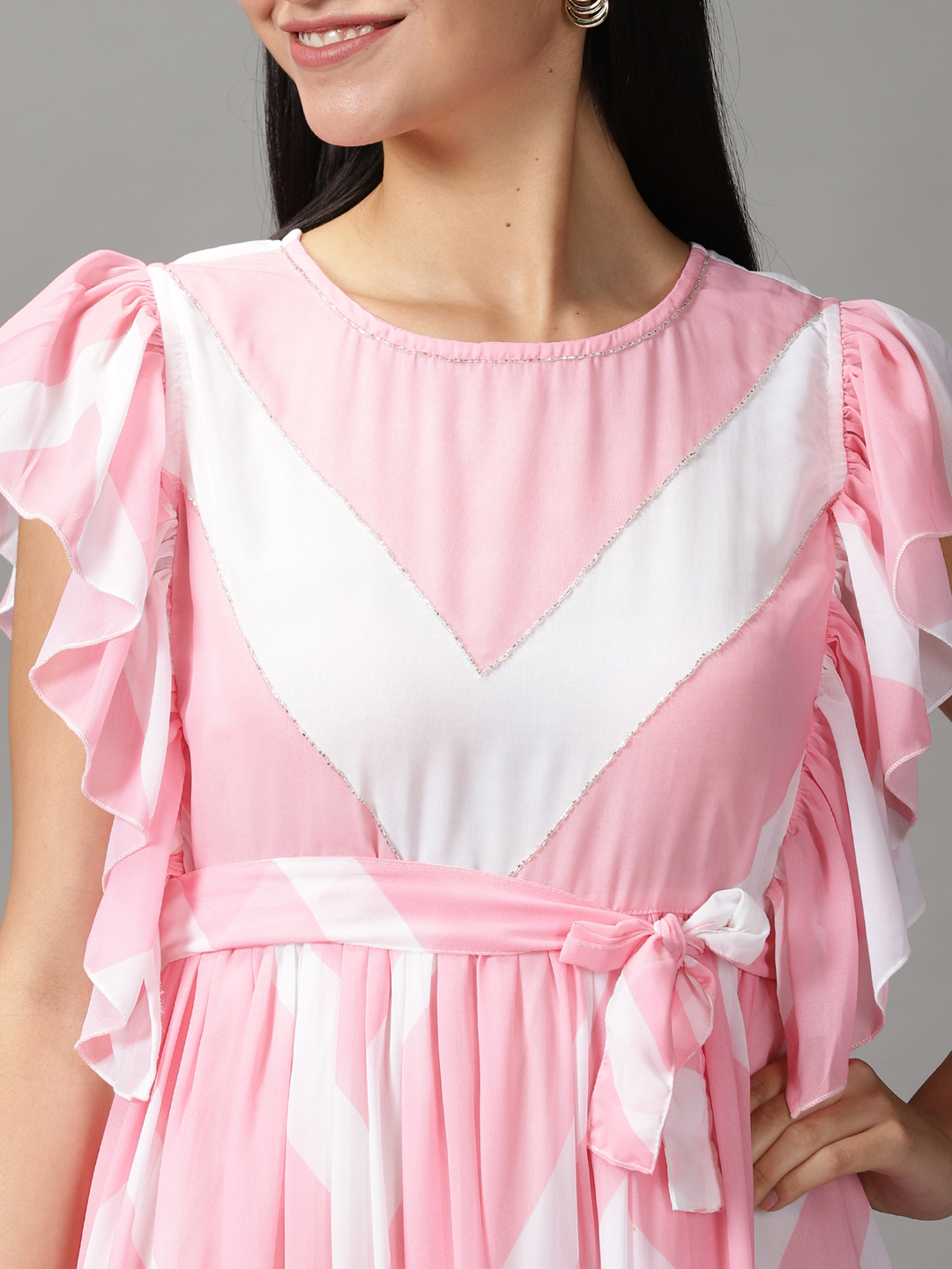 SHOWOFF Women Pink Chevron Round Neck Short Sleeves Maxi Gown Dress