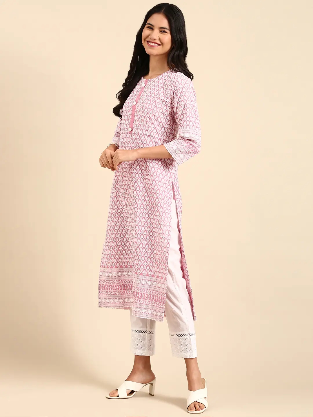 Showoff | SHOWOFF Women Pink Embroidered Scoop Neck Three-Quarter Sleeves Mid Length Straight Kurta Set 3