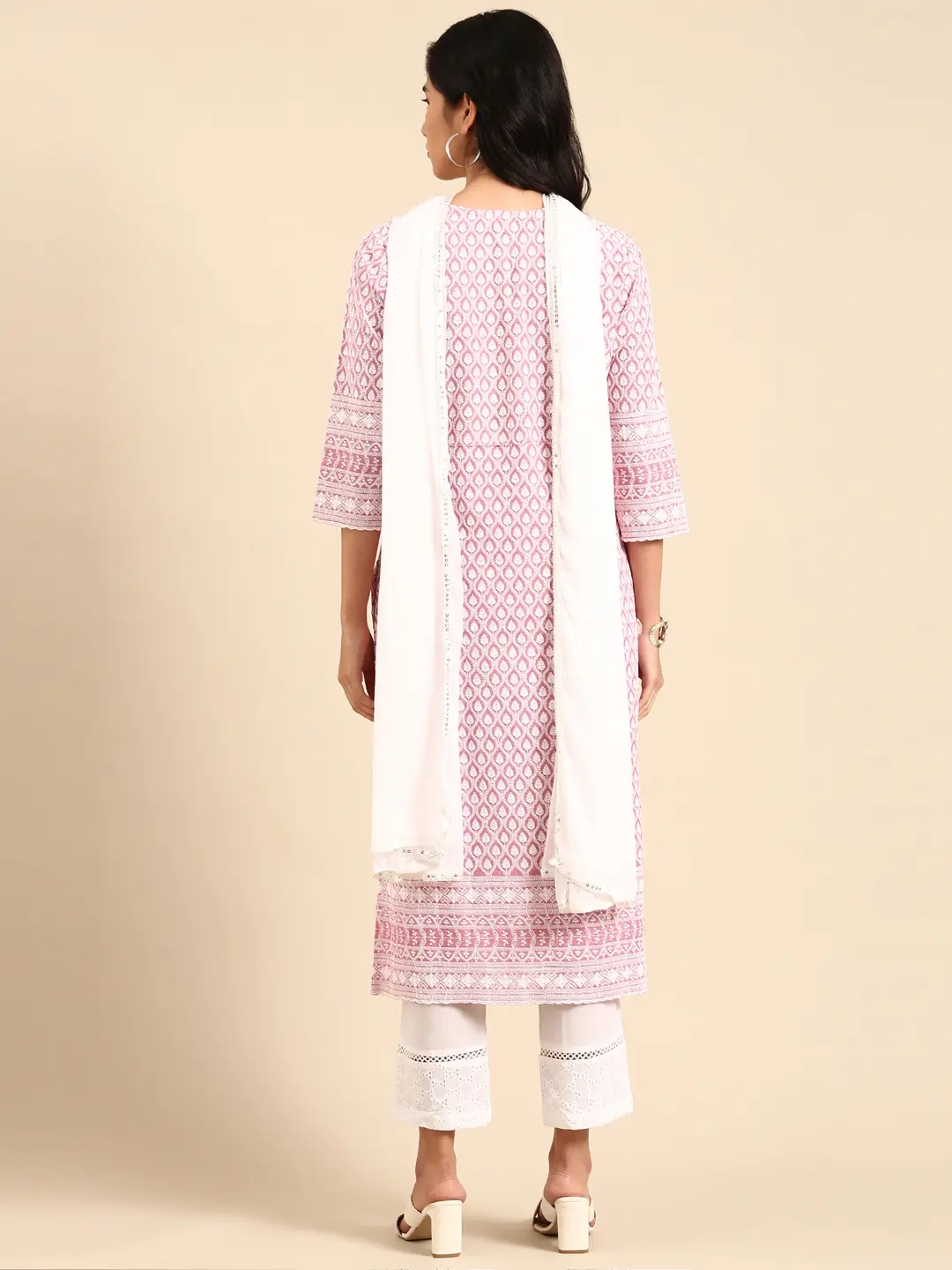 Showoff | SHOWOFF Women Pink Embroidered Scoop Neck Three-Quarter Sleeves Mid Length Straight Kurta Set 4
