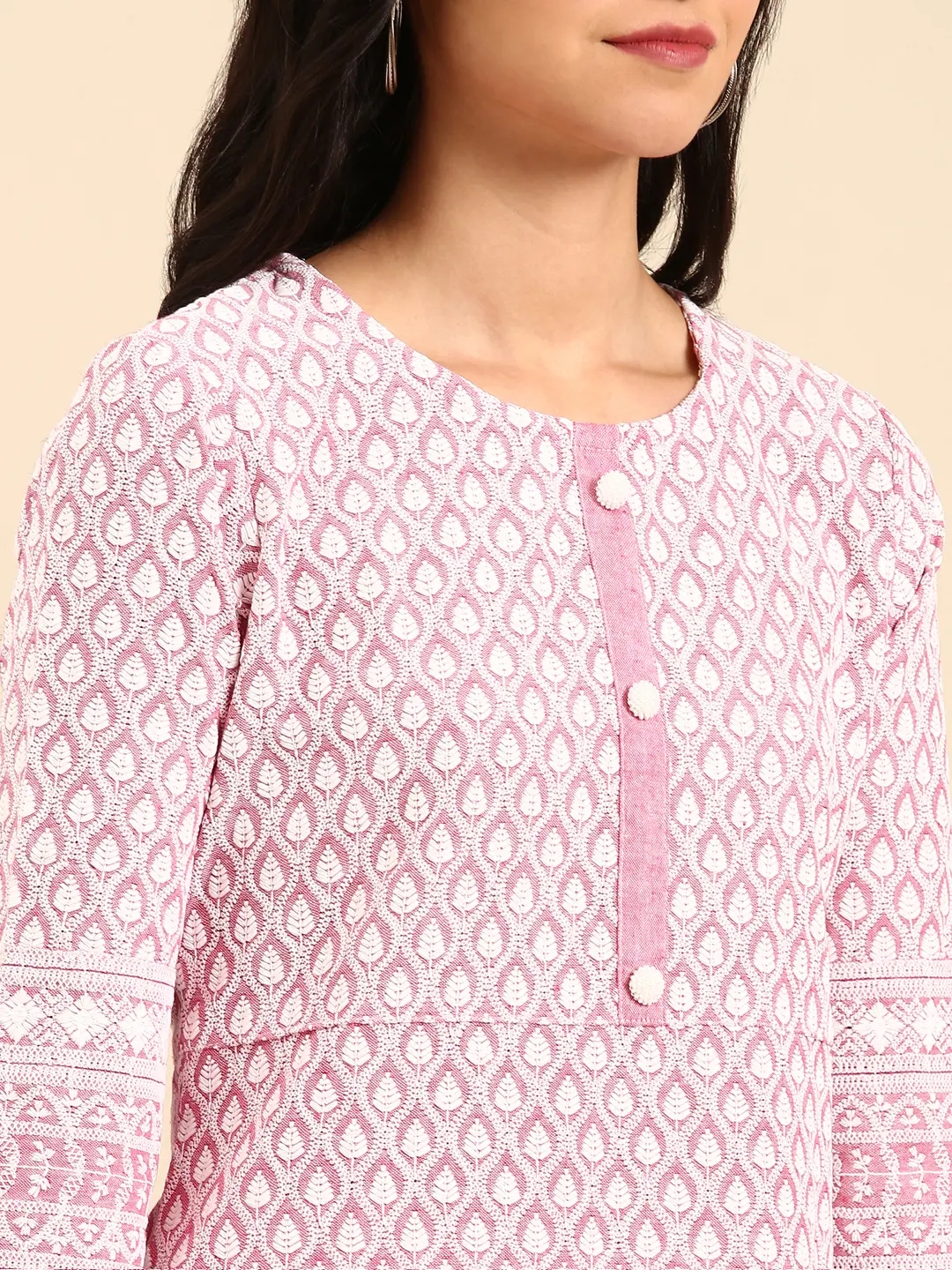 Showoff | SHOWOFF Women Pink Embroidered Scoop Neck Three-Quarter Sleeves Mid Length Straight Kurta Set 6