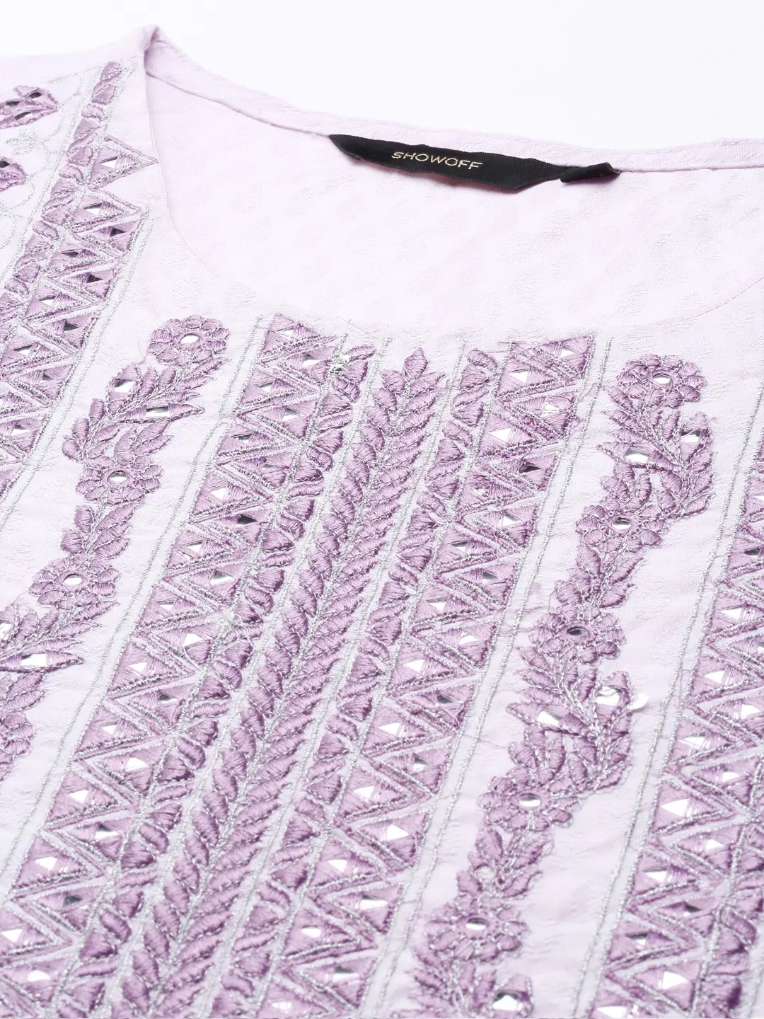 Showoff | SHOWOFF Women Lavender Solid  Scoop Neck Three-Quarter Sleeves Mid Length Straight Kurta Set 1
