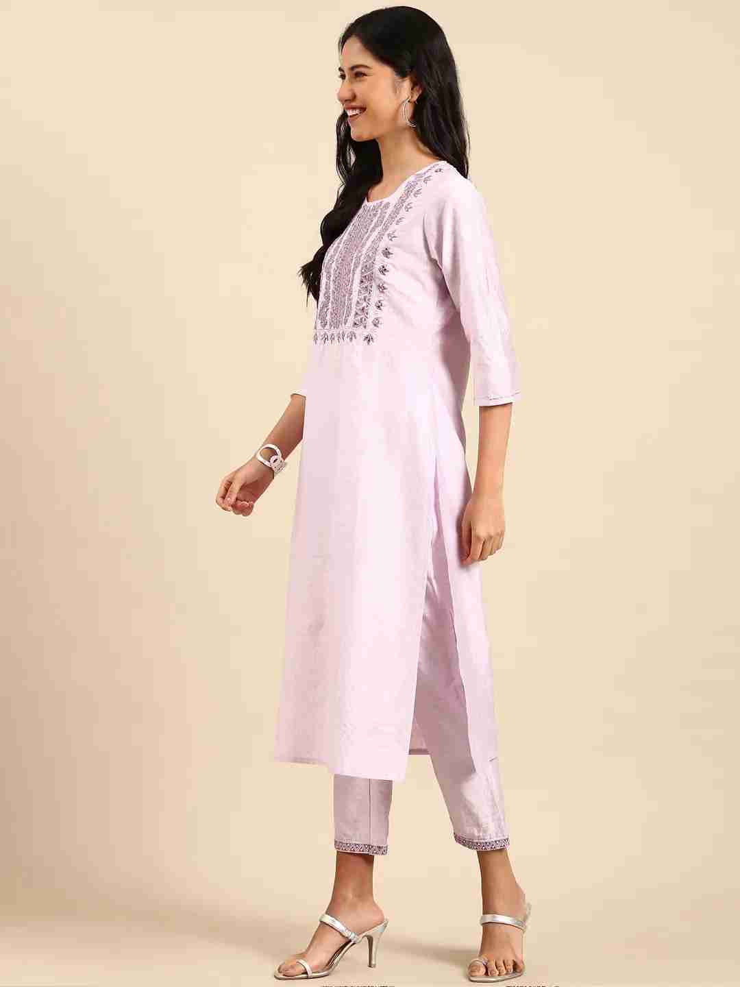 Showoff | SHOWOFF Women Lavender Solid  Scoop Neck Three-Quarter Sleeves Mid Length Straight Kurta Set 3