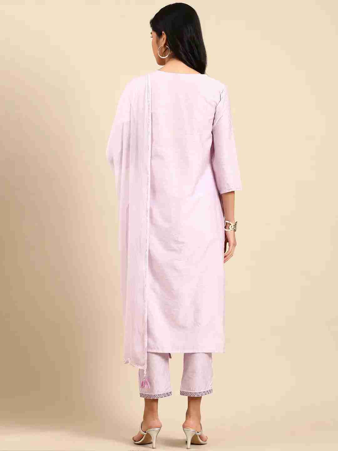 Showoff | SHOWOFF Women Lavender Solid  Scoop Neck Three-Quarter Sleeves Mid Length Straight Kurta Set 4