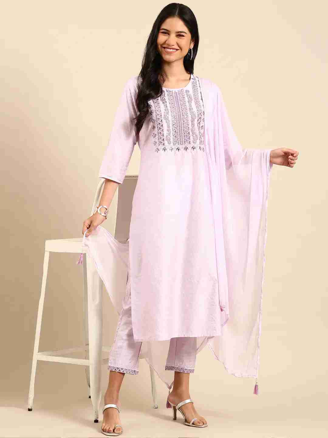 Showoff | SHOWOFF Women Lavender Solid  Scoop Neck Three-Quarter Sleeves Mid Length Straight Kurta Set 5