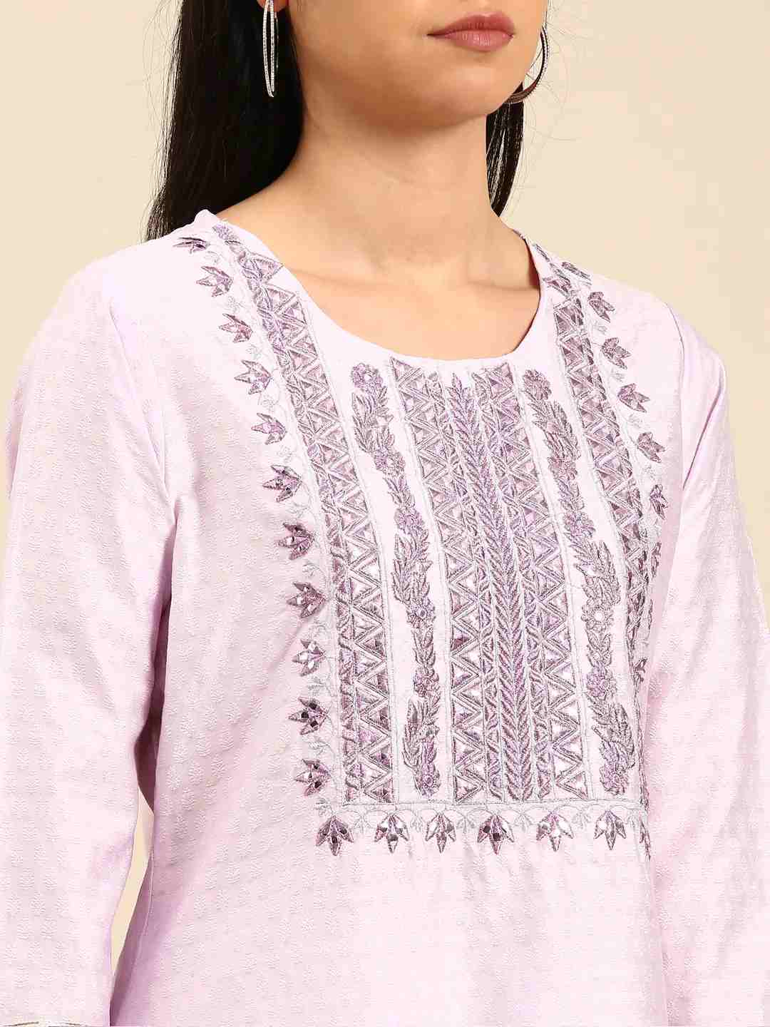 Showoff | SHOWOFF Women Lavender Solid  Scoop Neck Three-Quarter Sleeves Mid Length Straight Kurta Set 6