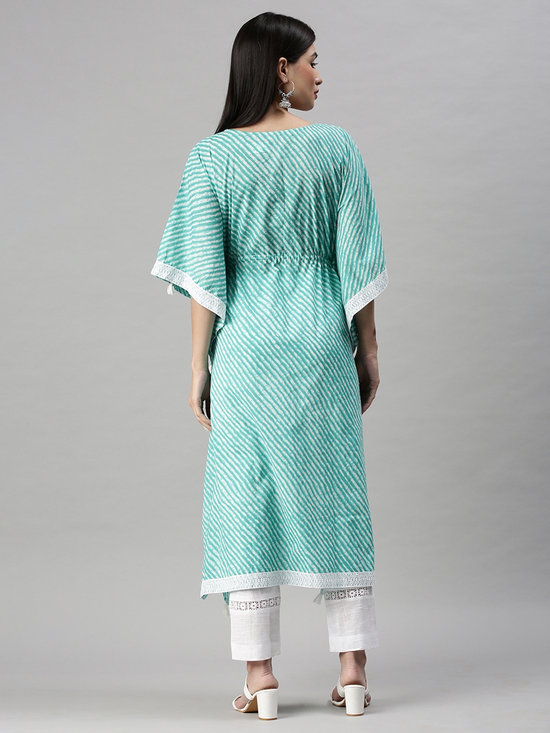 Showoff | SHOWOFF Women Turquoise Blue Printed Round Neck Short Sleeves Mid Length Kaftan Kurta Set 3