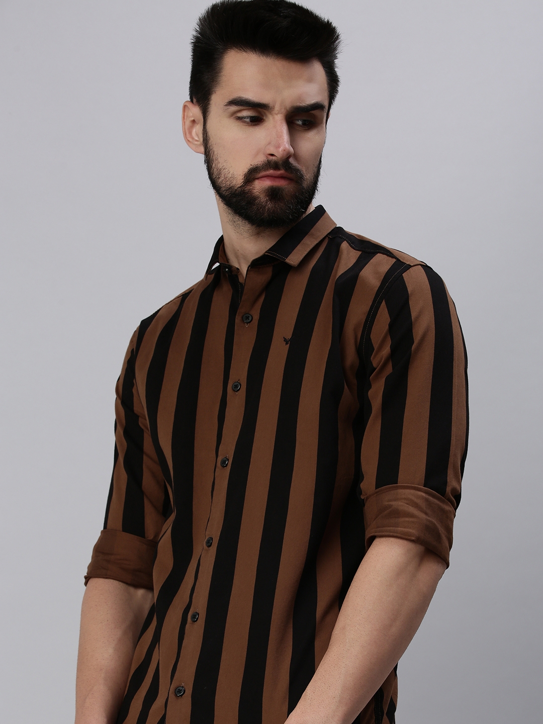 Showoff | SHOWOFF Men Brown Striped Slim Collar Full Sleeves Casual Shirt 0