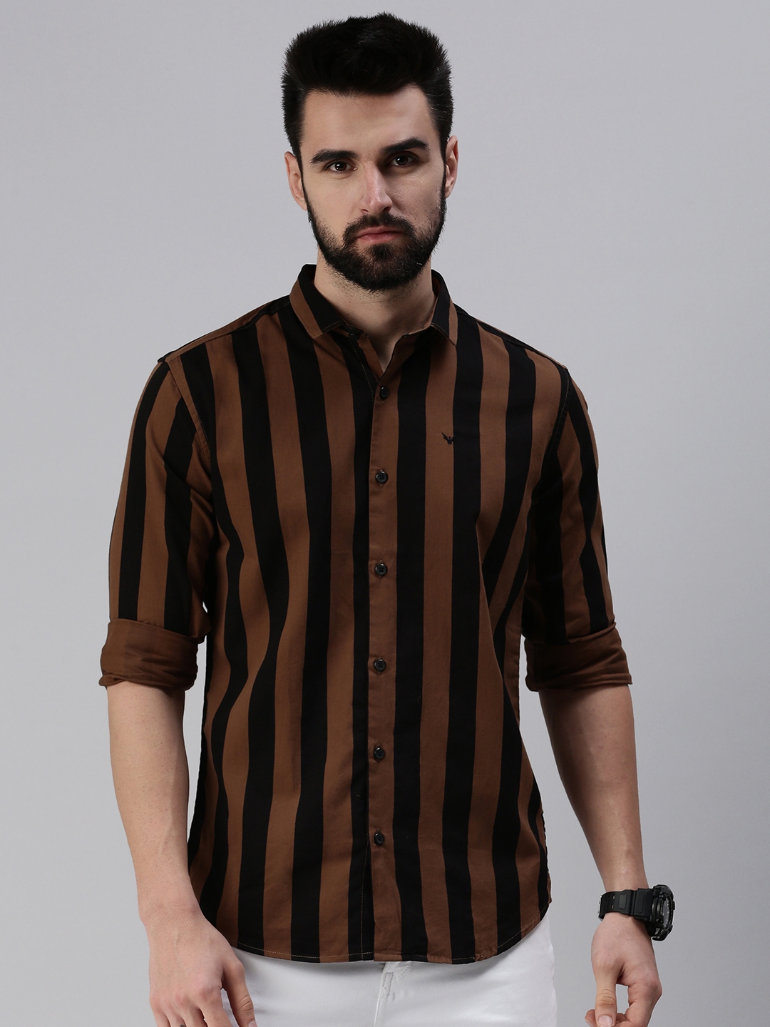 Showoff | SHOWOFF Men Brown Striped Slim Collar Full Sleeves Casual Shirt 1