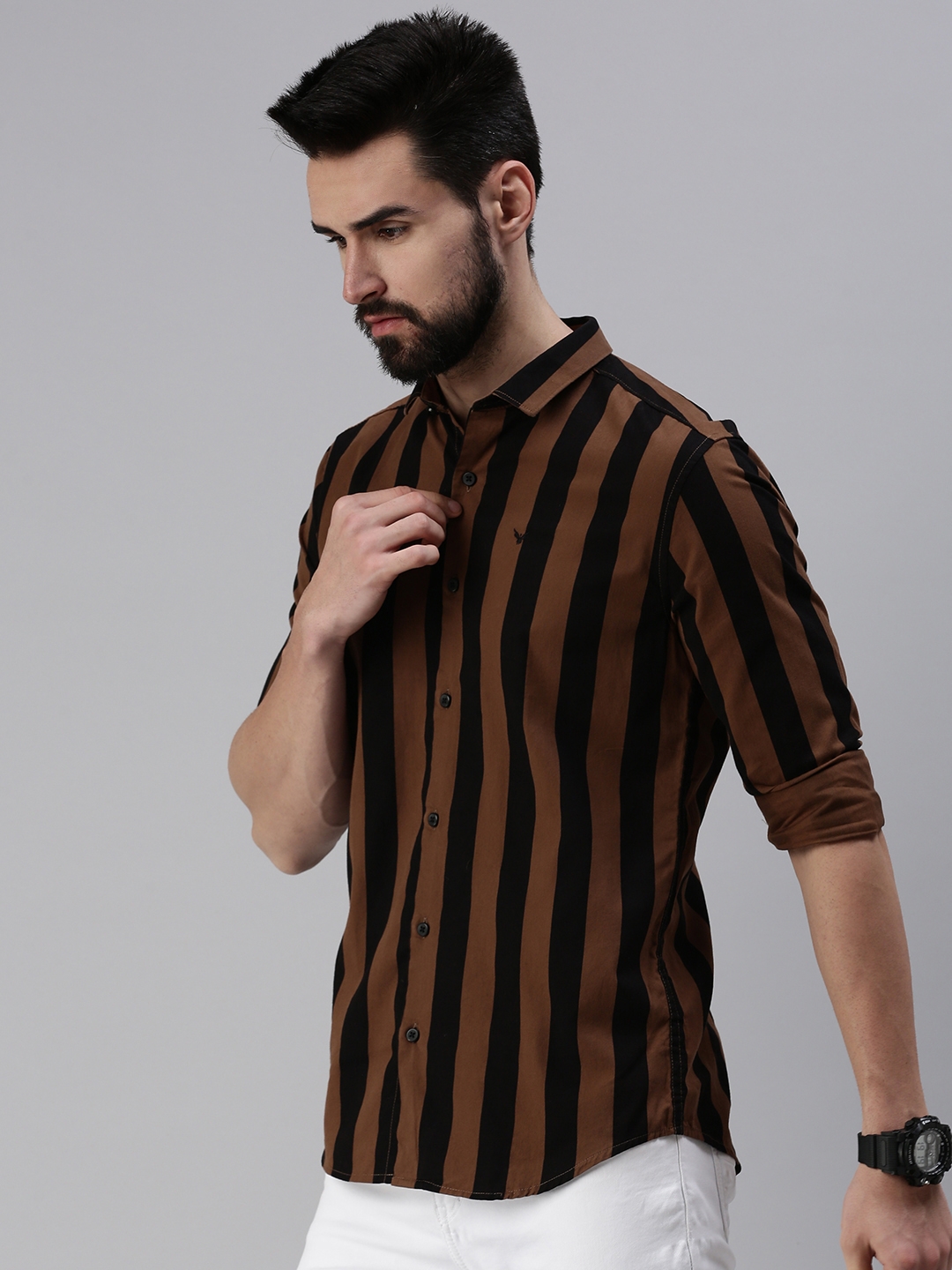Showoff | SHOWOFF Men Brown Striped Slim Collar Full Sleeves Casual Shirt 2