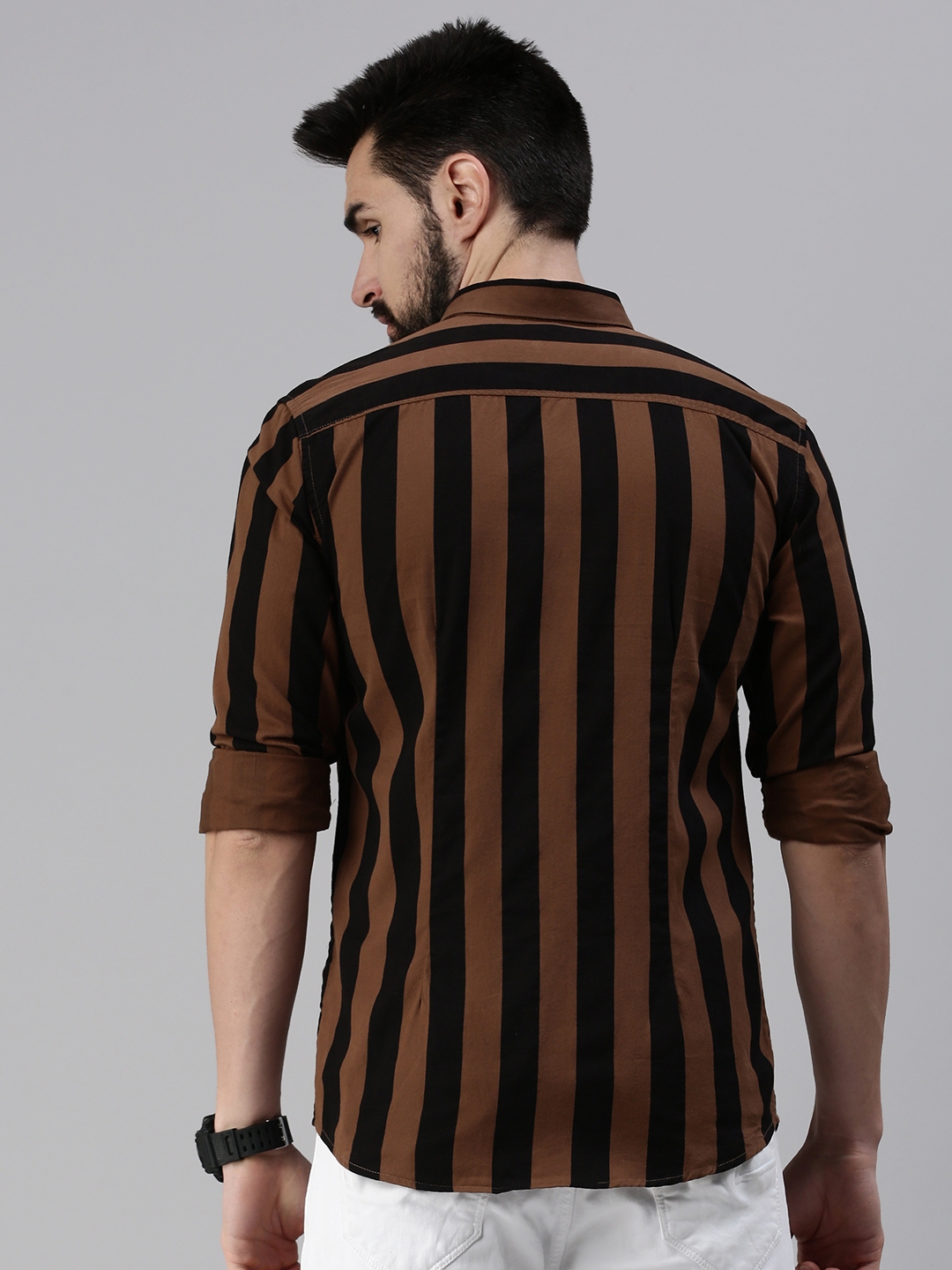 Showoff | SHOWOFF Men Brown Striped Slim Collar Full Sleeves Casual Shirt 3