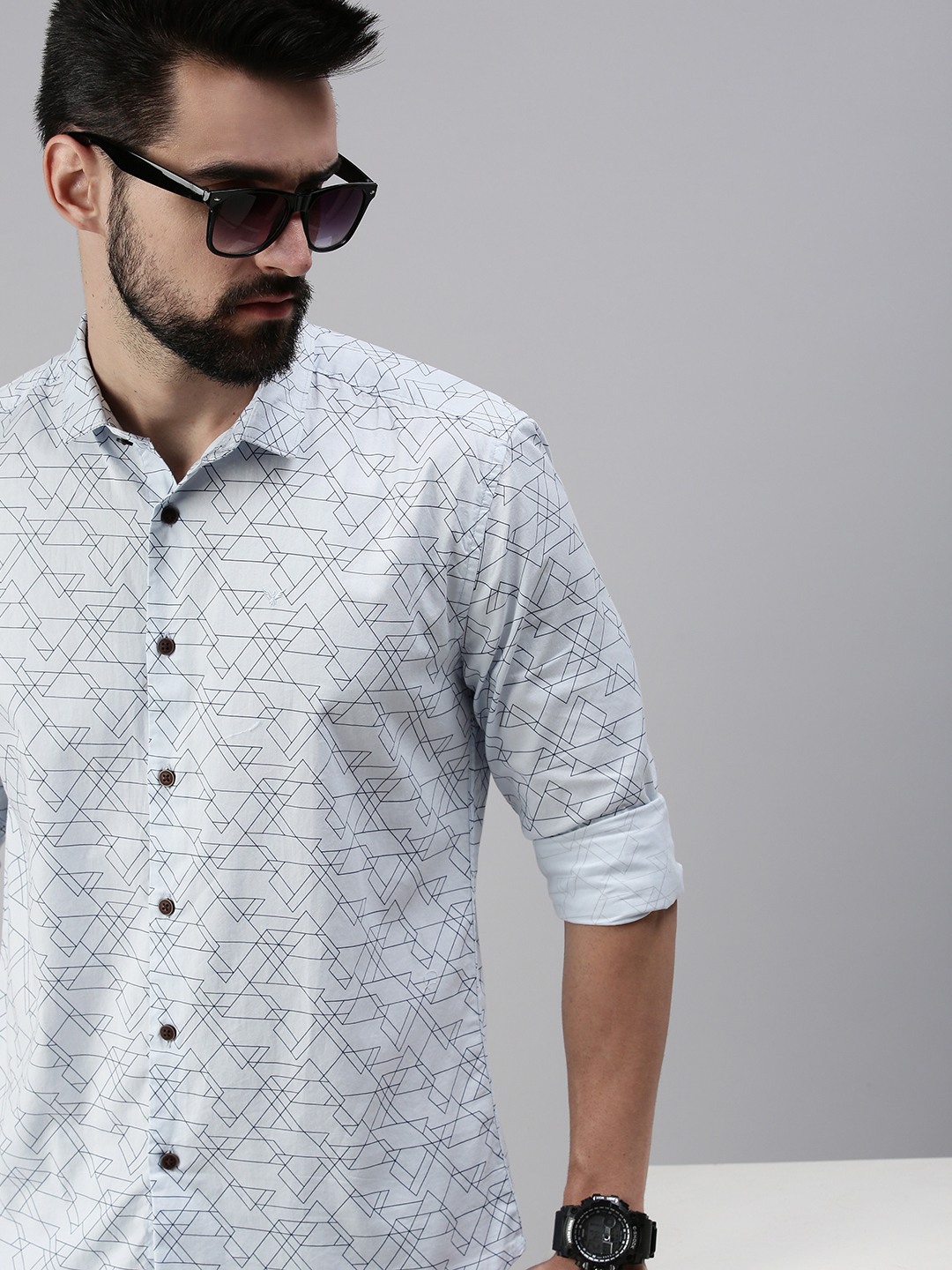 SHOWOFF Men Blue Printed Collar Full Sleeves Casual Shirt