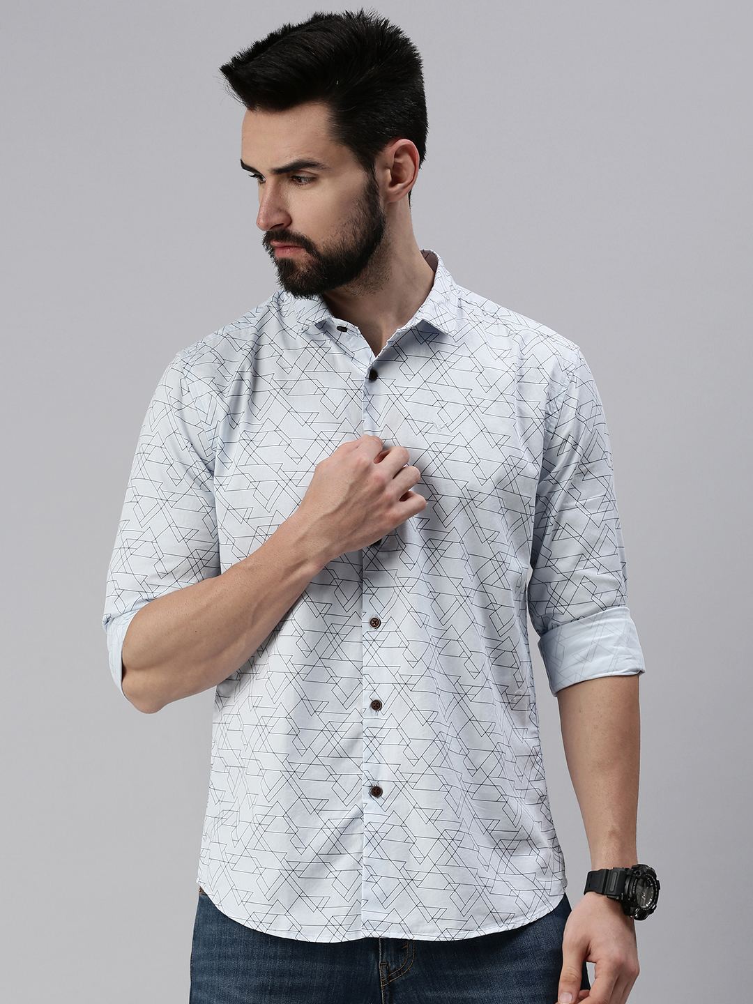 SHOWOFF Men Blue Printed Collar Full Sleeves Casual Shirt