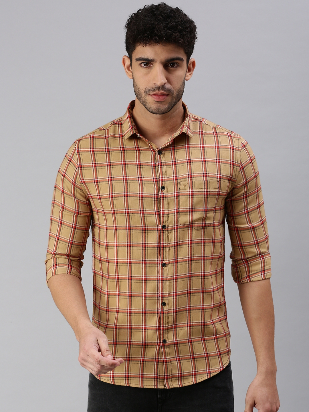 Showoff | SHOWOFF Men Brown Checked Spread Collar Full Sleeves Casual Shirt 1