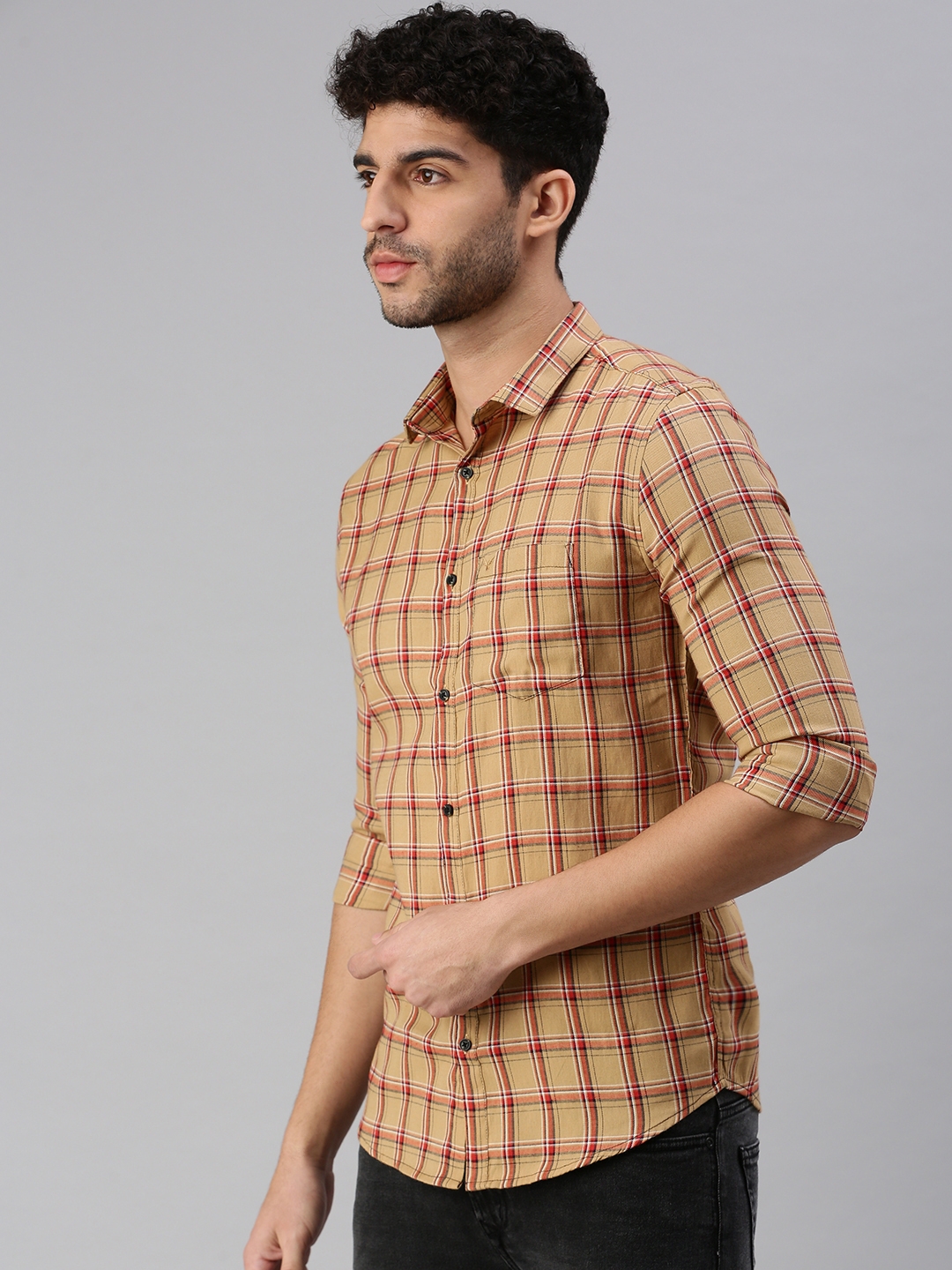 Showoff | SHOWOFF Men Brown Checked Spread Collar Full Sleeves Casual Shirt 2