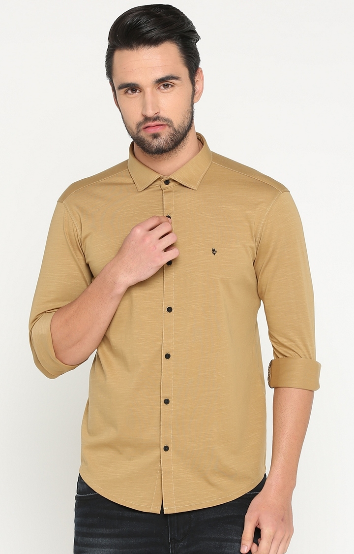 Showoff | SHOWOFF Men's Knitted Full Sleeve Slim Fit Solid Khaki Casual Shirt 0