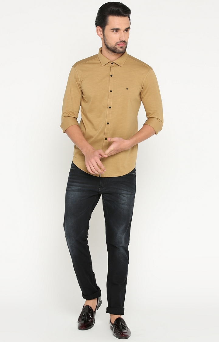 Showoff | SHOWOFF Men's Knitted Full Sleeve Slim Fit Solid Khaki Casual Shirt 1