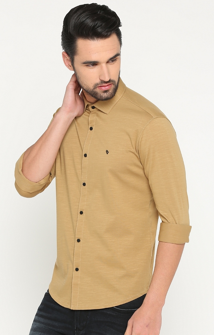 Showoff | SHOWOFF Men's Knitted Full Sleeve Slim Fit Solid Khaki Casual Shirt 2