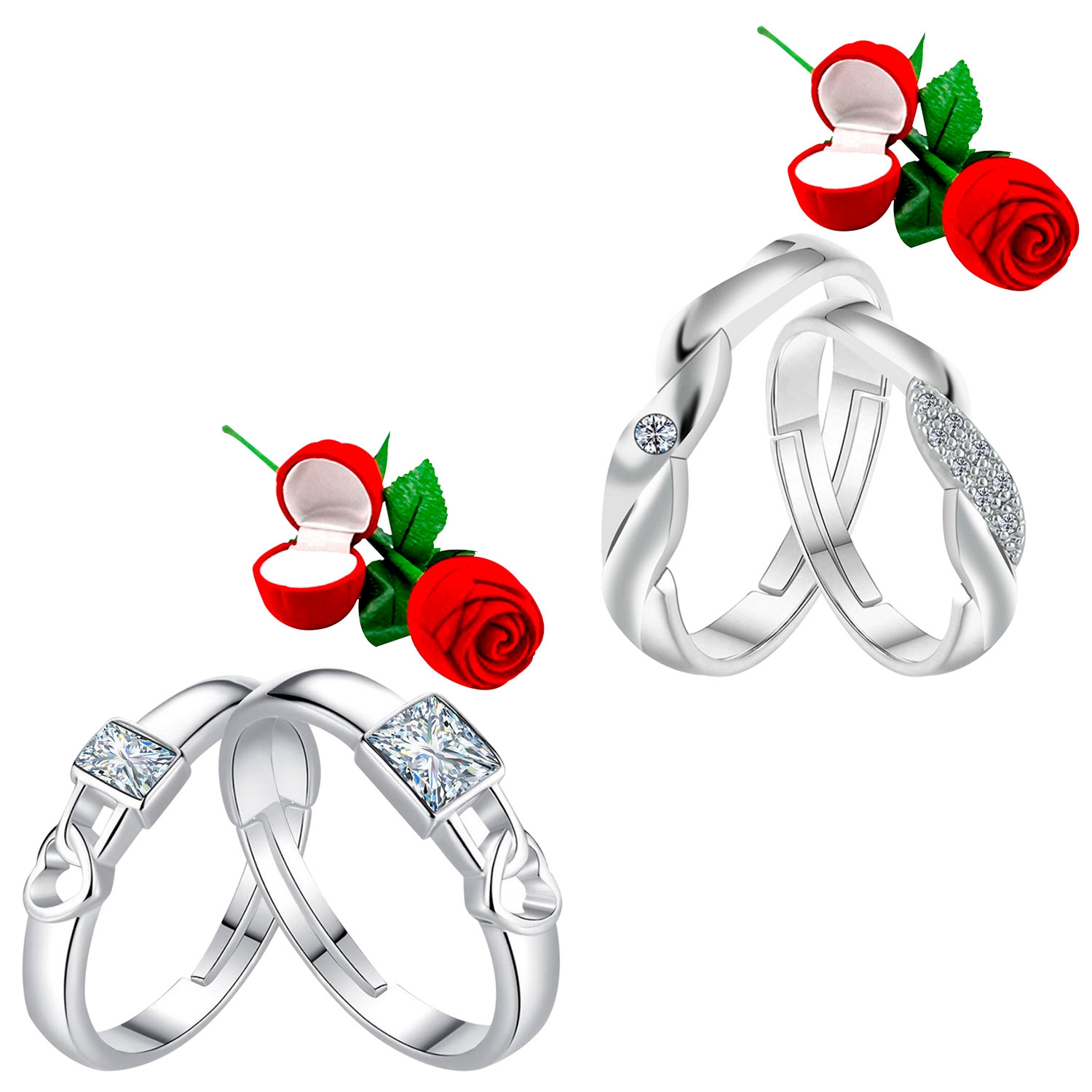 SILVER SHINE |  Adjustable Stylish Couple Rings Set for lovers with 2 Piece Red Rose Gift Box Silver Plated Stylish Ring for Men and Women  0