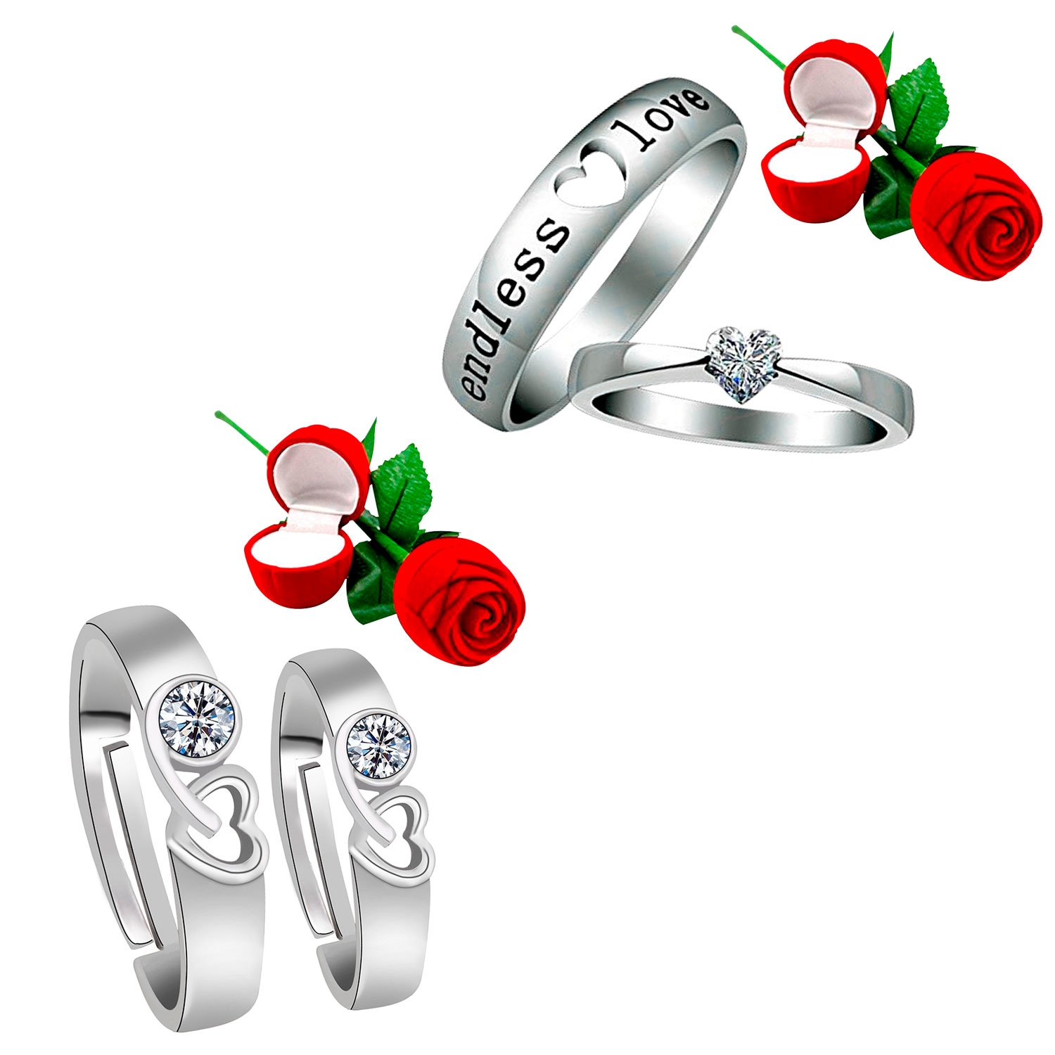 SILVER SHINE |  Party Wear Adjustable Couple Rings Set for lovers with 2 Piece Red Rose Gift Box Silver Plated Ring for Men and Women  0