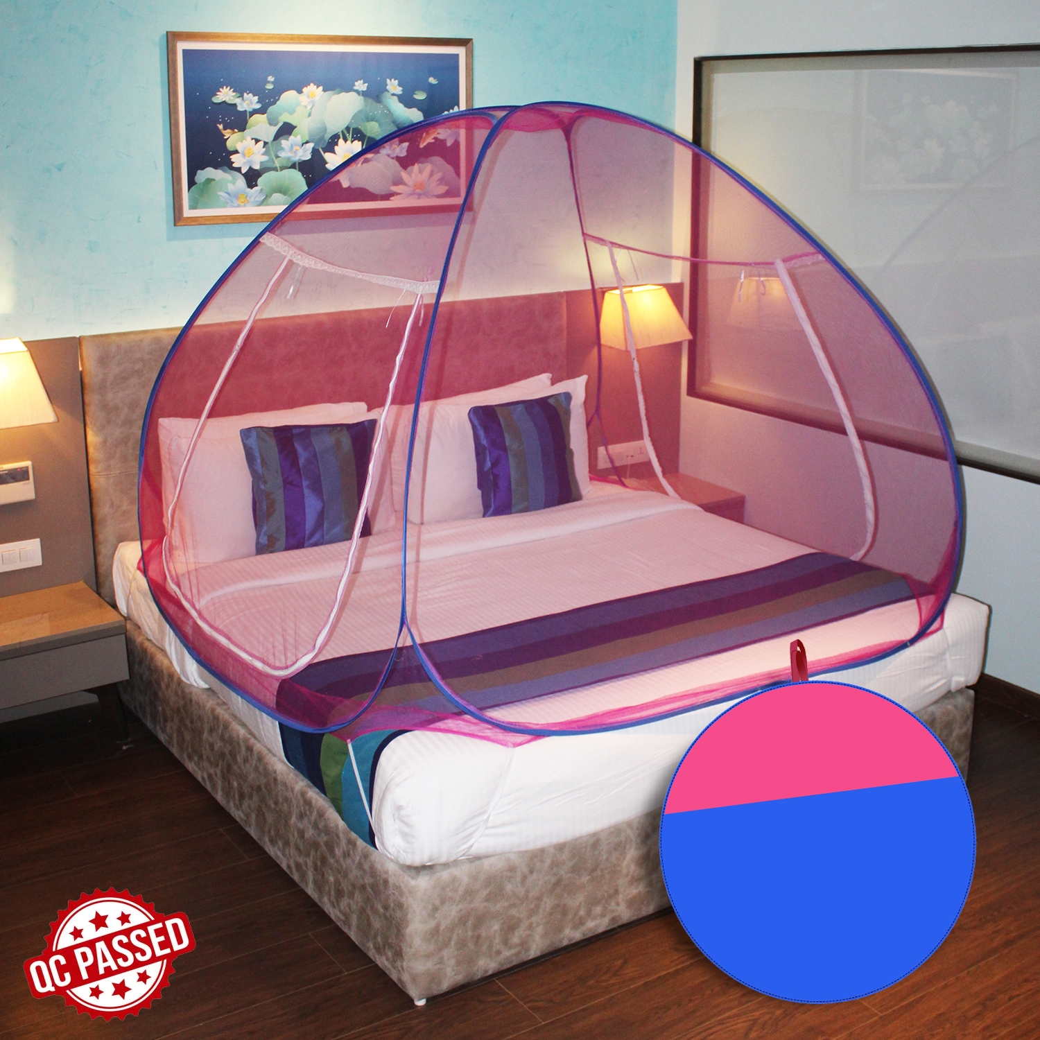SILVER SHINE |  Mosquito Net Light Pink And Blue Foldable Double Bed Net King Size  2