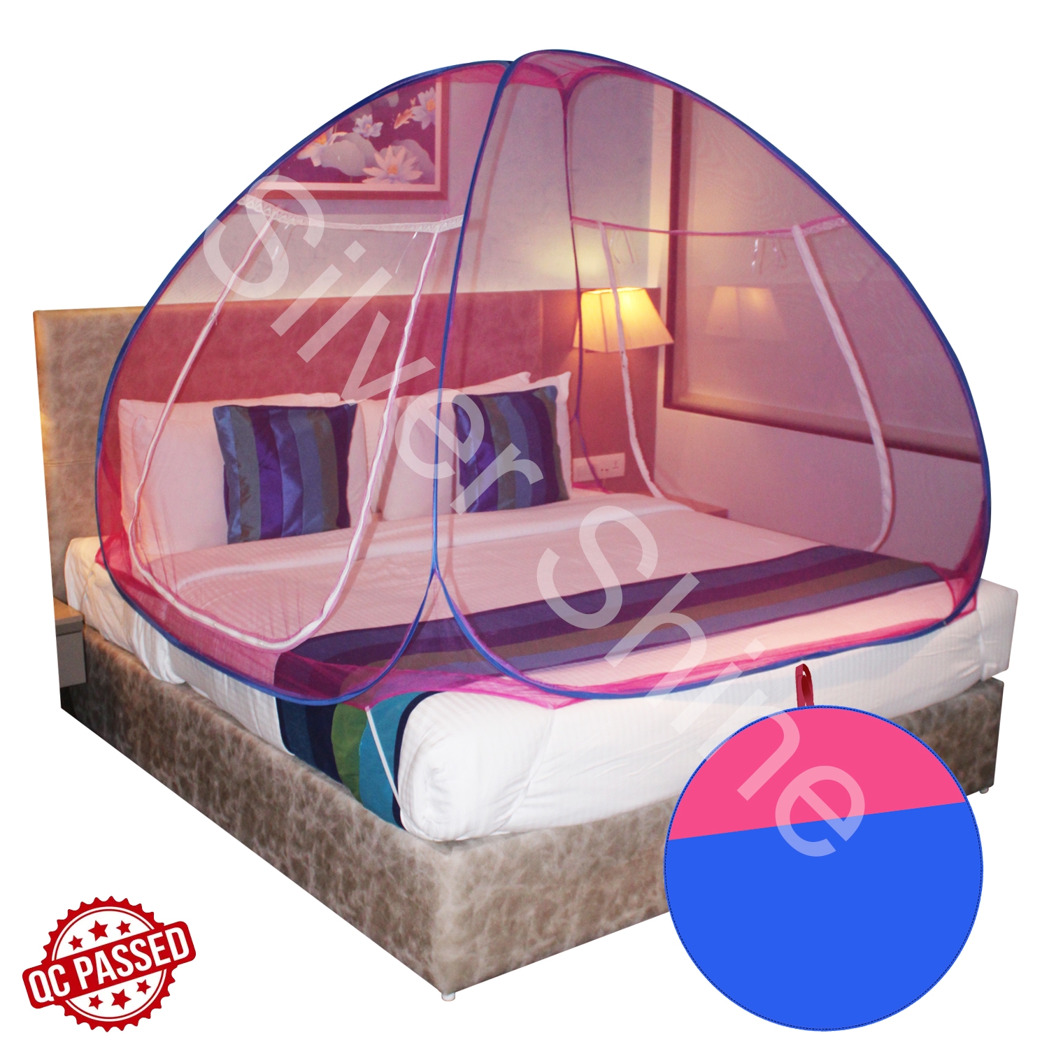 SILVER SHINE |  Mosquito Net Light Pink And Blue Foldable Double Bed Net King Size  3