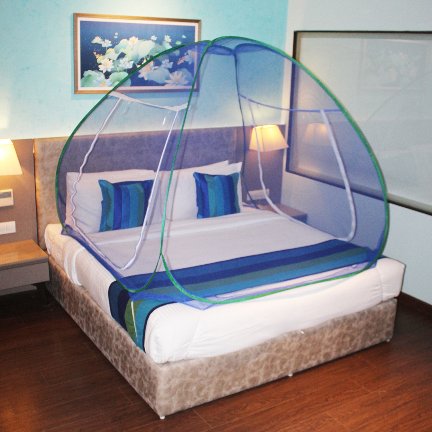 SILVER SHINE |  Mosquito Net Sky Blue And Green Foldable Double Bed Net King Size  0