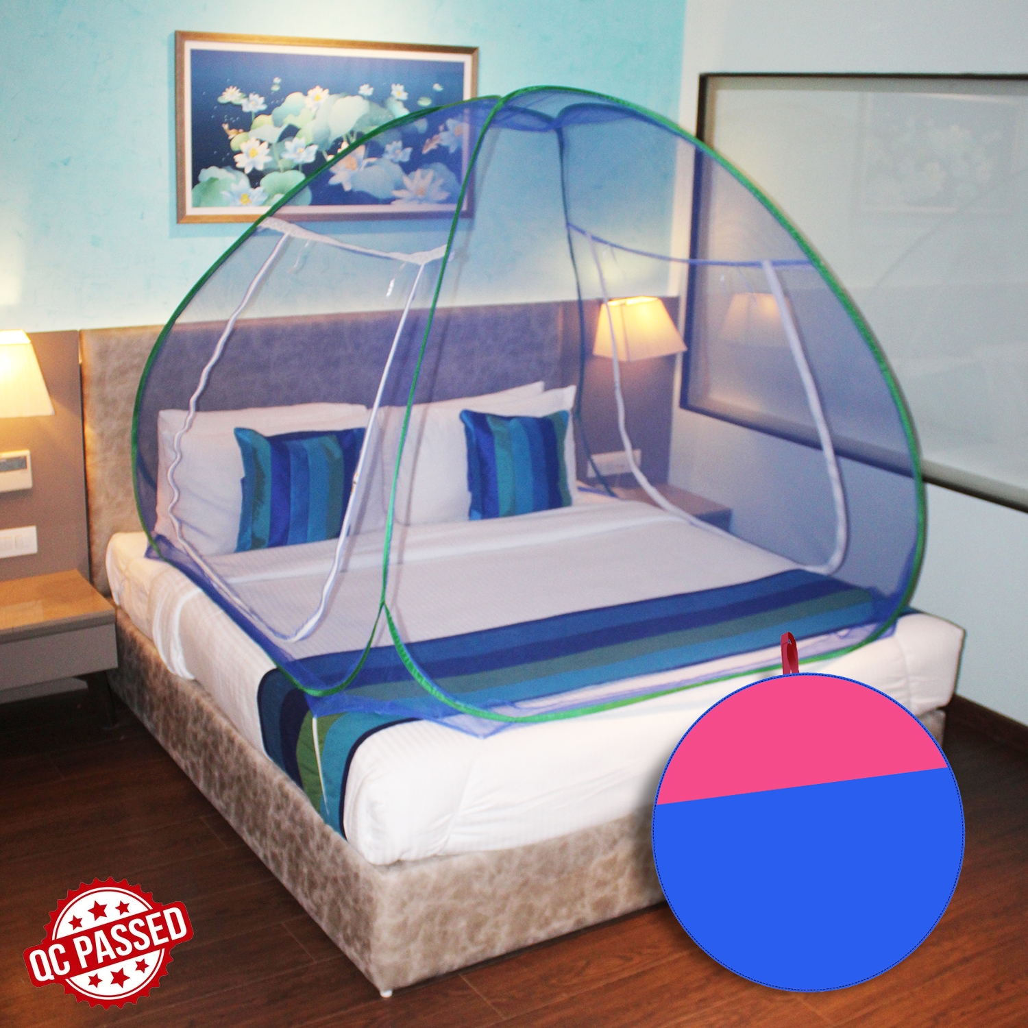SILVER SHINE |  Mosquito Net Sky Blue And Green Foldable Double Bed Net King Size  2