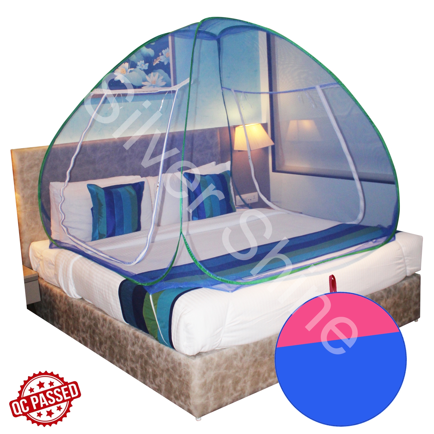 SILVER SHINE |  Mosquito Net Sky Blue And Green Foldable Double Bed Net King Size  3