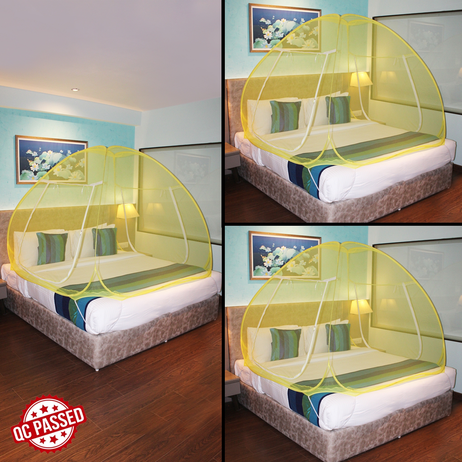 SILVER SHINE |  Mosquito Net Yellow And Yellow Foldable Double Bed Net King Size Pack Of 3  0