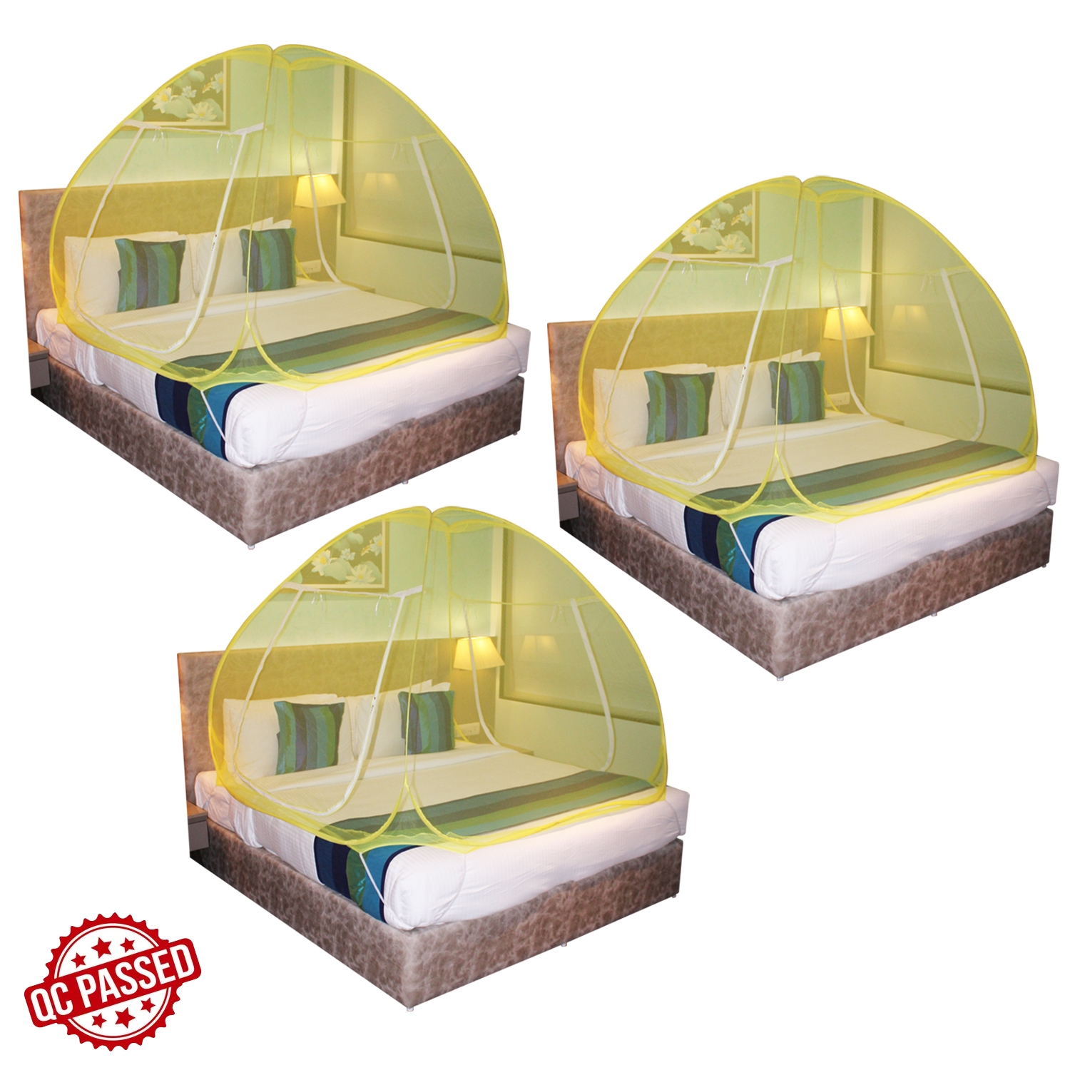 SILVER SHINE |  Mosquito Net Yellow And Yellow Foldable Double Bed Net King Size Pack Of 3  1