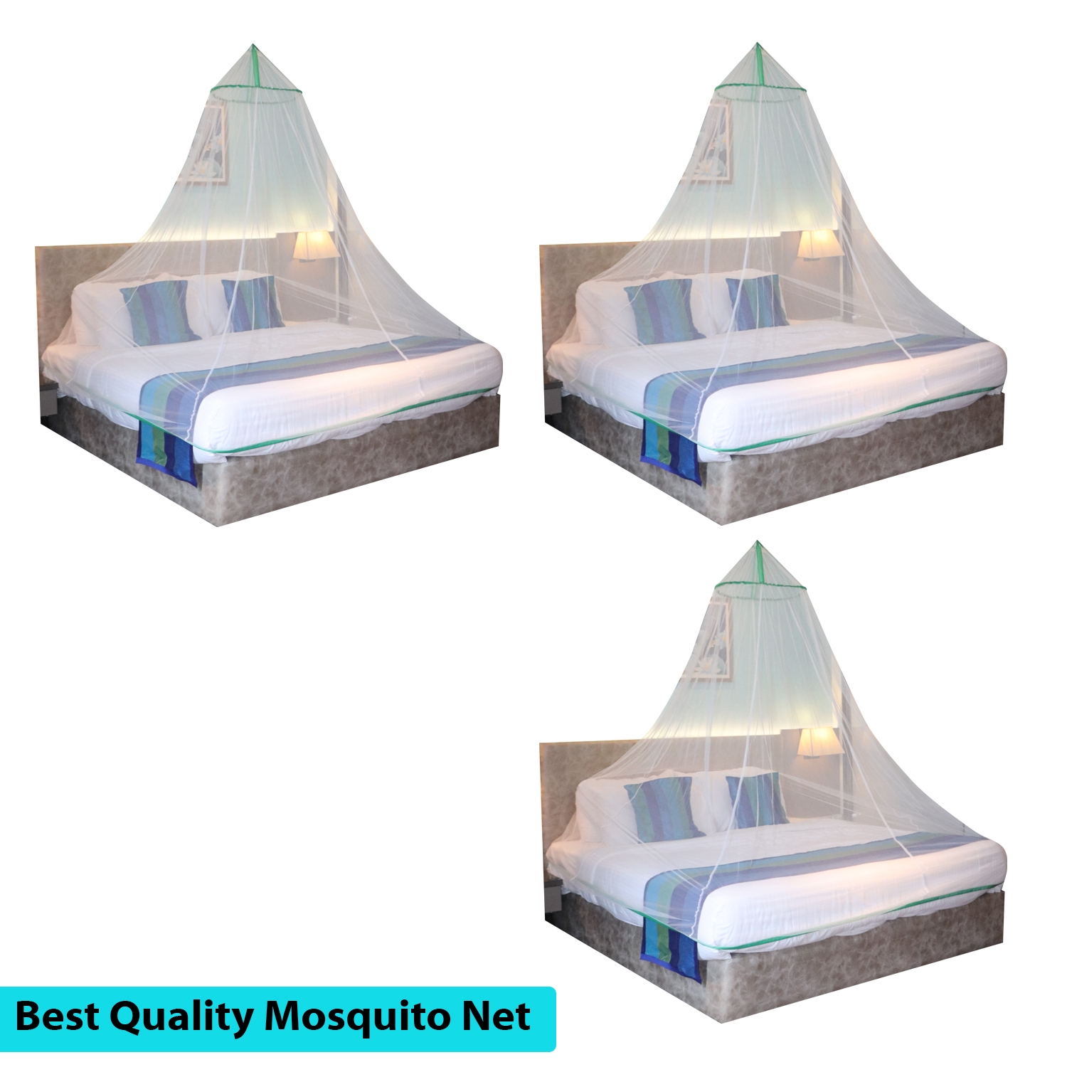 SILVER SHINE | Mosquito Net for Double Bed, King-Size, Round Ceiling Hanging Foldable Polyester Net White And Green Pack 3  0
