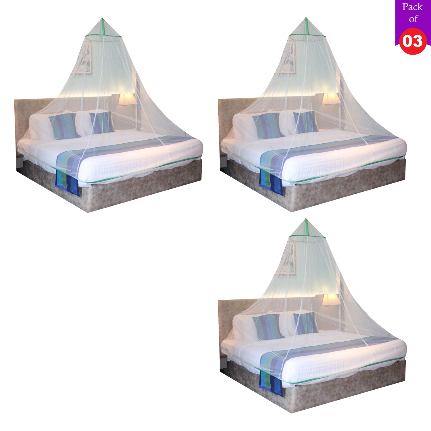 SILVER SHINE | Mosquito Net for Double Bed, King-Size, Round Ceiling Hanging Foldable Polyester Net White And Green Pack 3  2