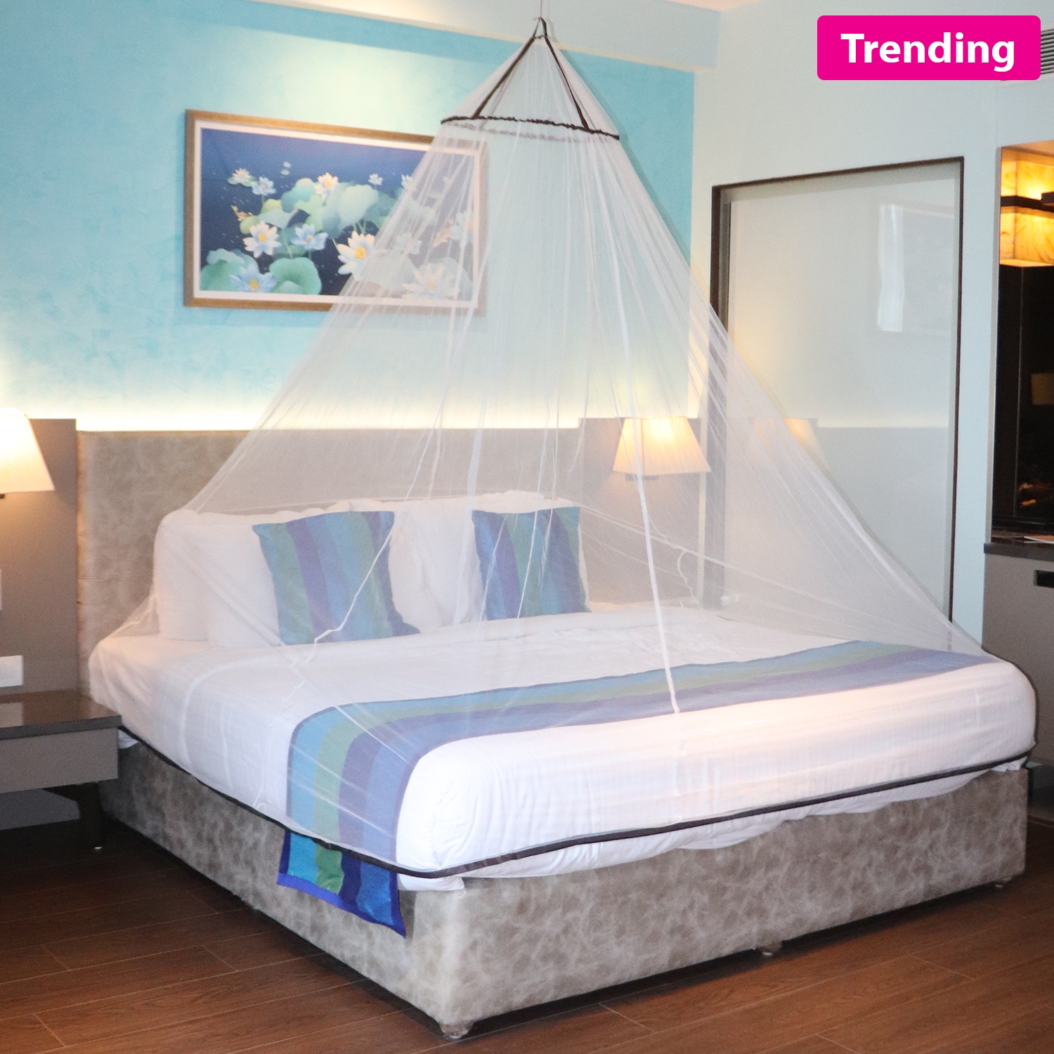 SILVER SHINE | Mosquito Net for Double Bed, King-Size, Round Ceiling Hanging Foldable Polyester Net White And Brown 3