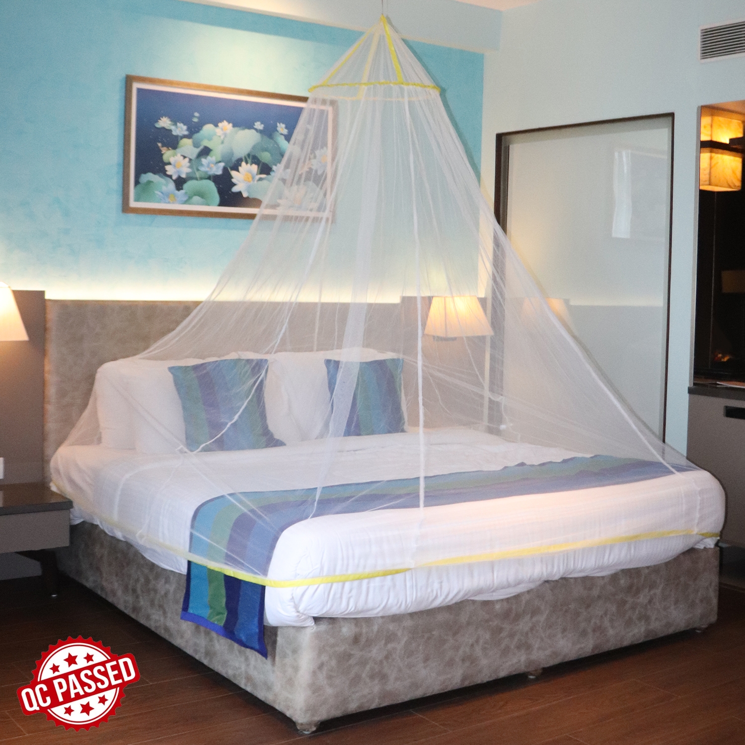 SILVER SHINE | Mosquito Net for Double Bed, King-Size, Round Ceiling Hanging Foldable Polyester Net White And Yellow 0