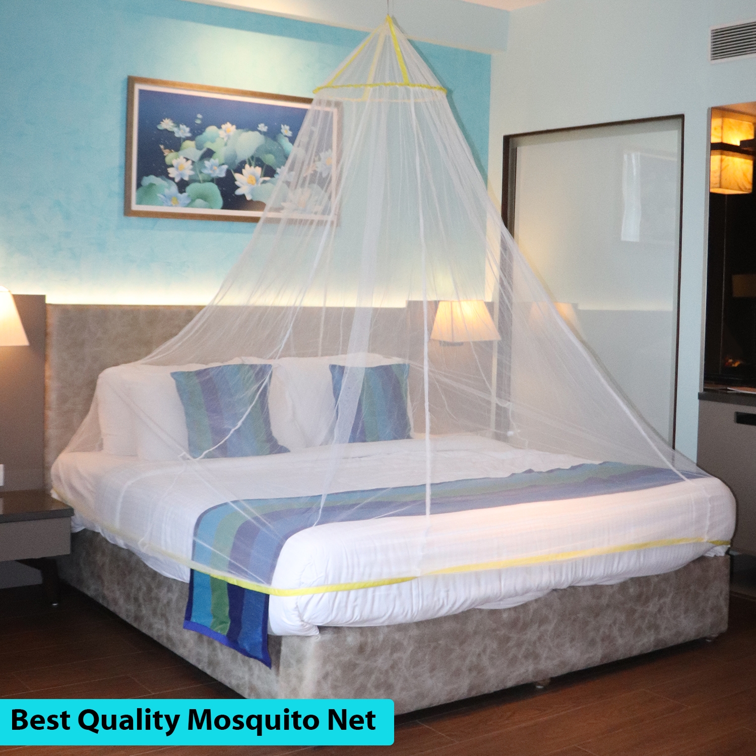 SILVER SHINE | Mosquito Net for Double Bed, King-Size, Round Ceiling Hanging Foldable Polyester Net White And Yellow 1