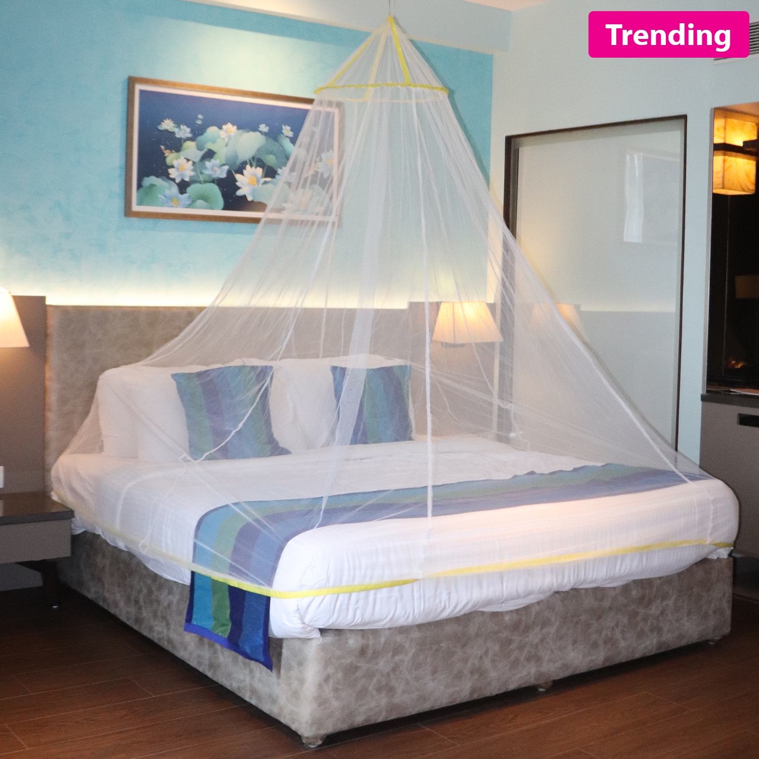 SILVER SHINE | Mosquito Net for Double Bed, King-Size, Round Ceiling Hanging Foldable Polyester Net White And Yellow 3